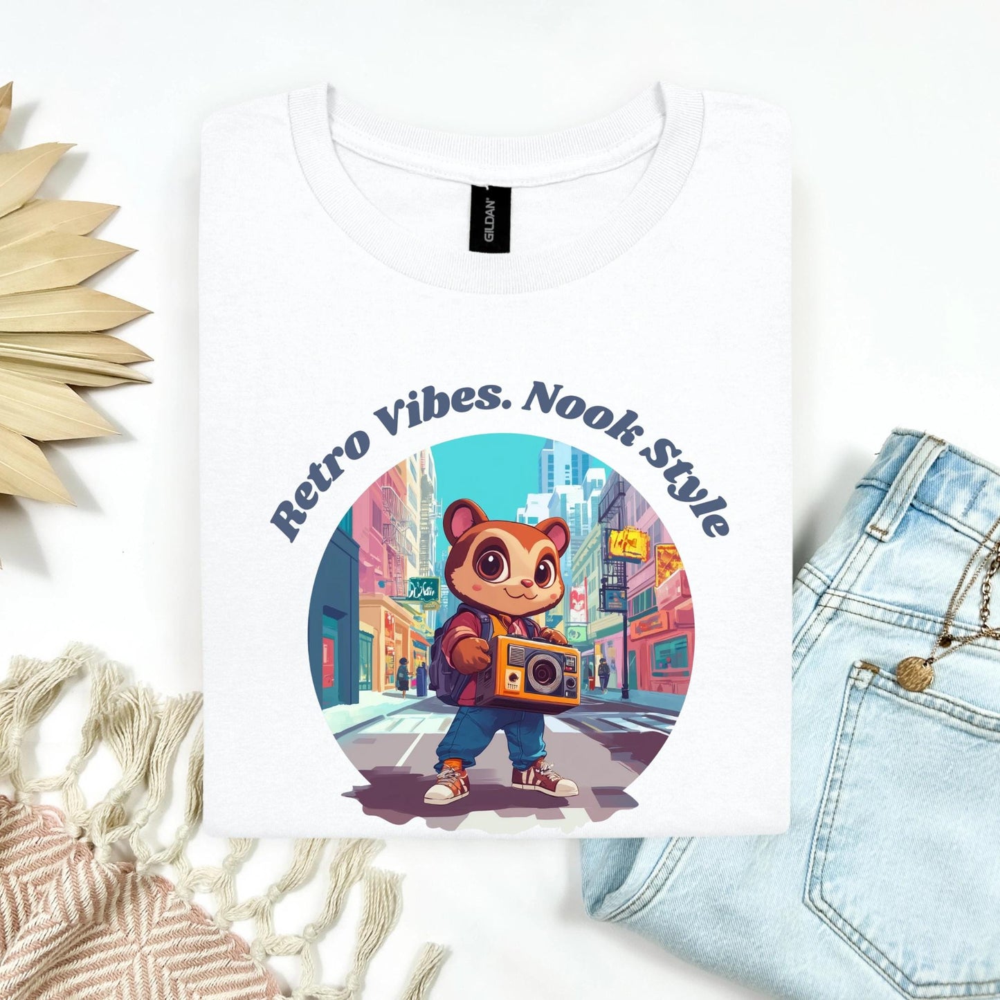 Boho Gamer Girl Shirt, Cozy Nook Style Tee, Soft Beige Animal Crossing Shirt, Cartoon Raccoon Top, Kawaii Retro Gaming Gift for Her
