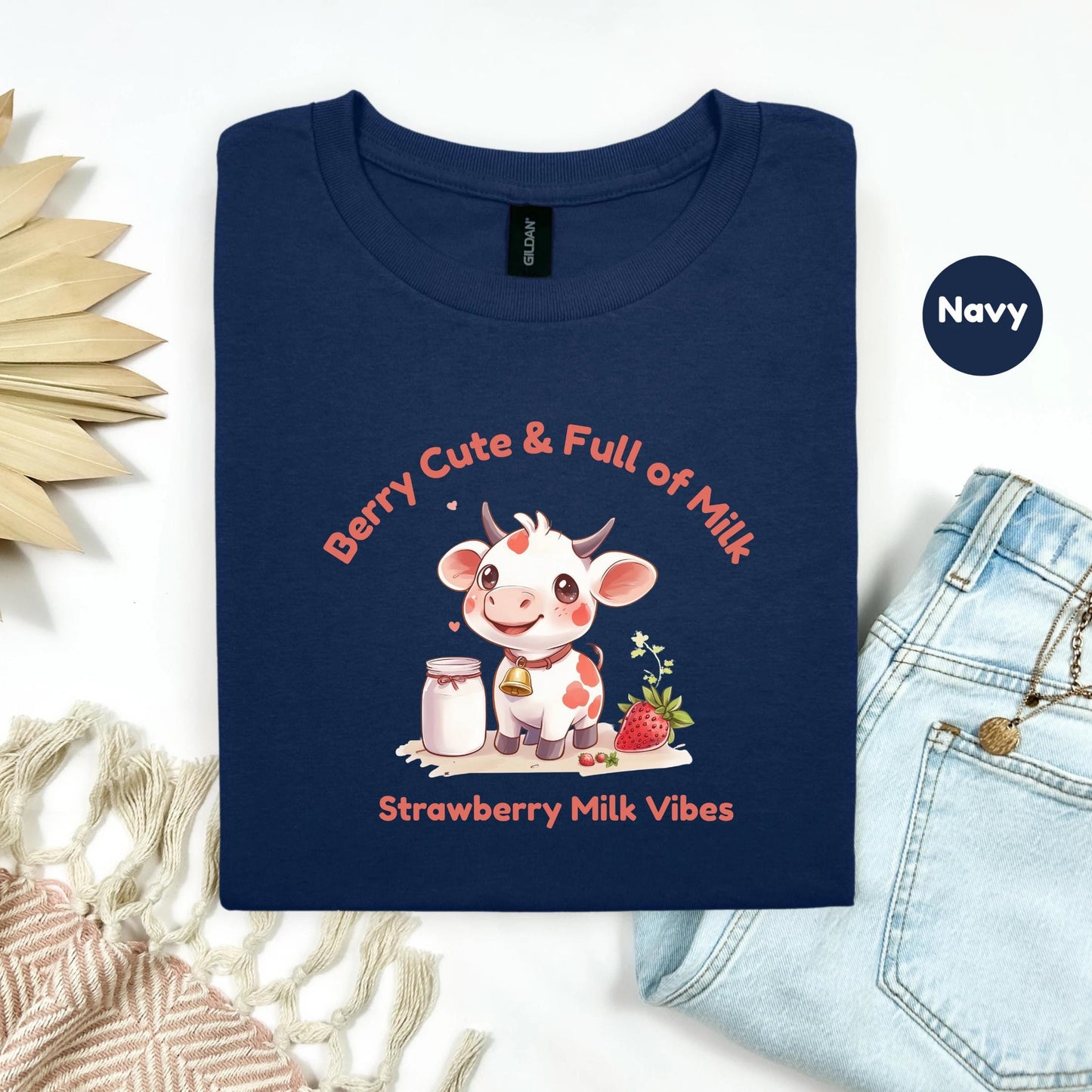 Kawaii Strawberry Milk Cow Shirt for Girls, Cute Pastel Animal Tee, Soft Pink Gift for Her, Adorable Anime-Inspired Graphic T-Shirt