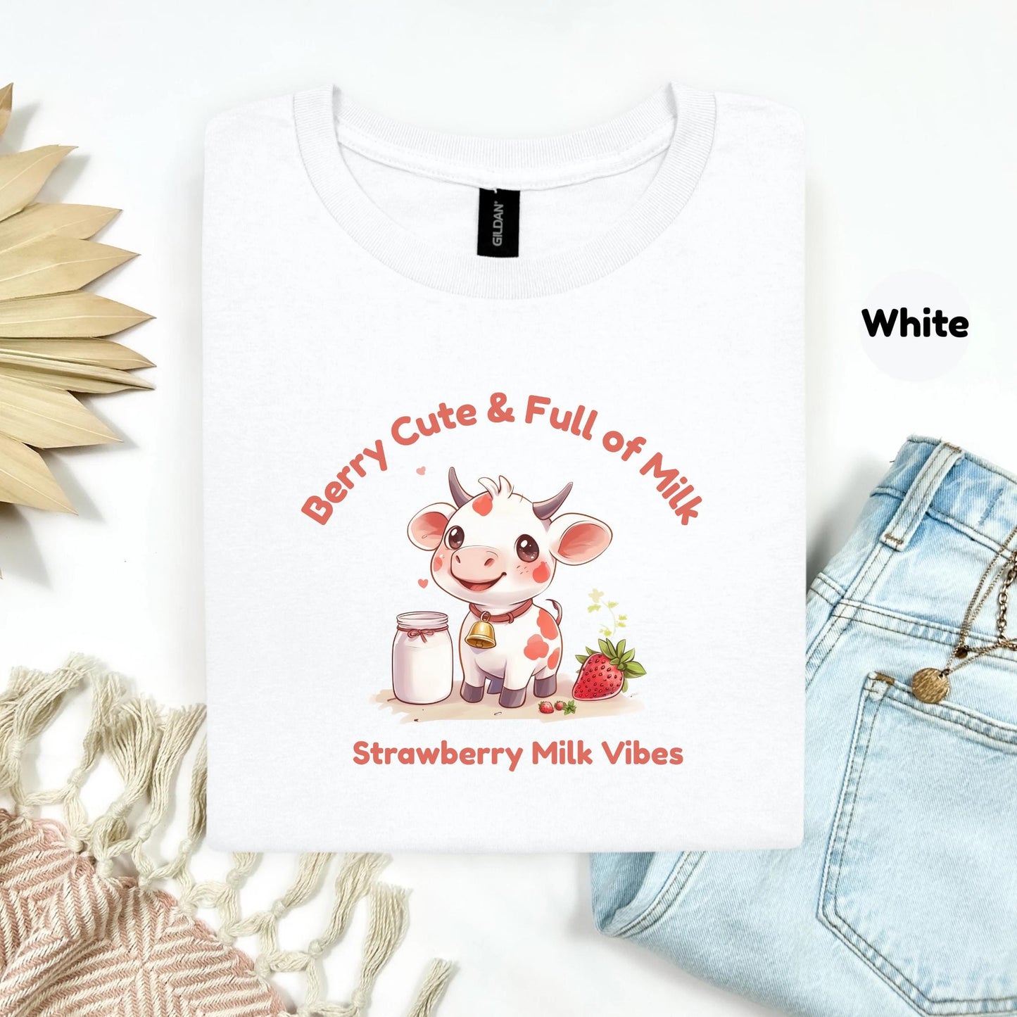 Kawaii Strawberry Milk Cow Shirt for Girls, Cute Pastel Animal Tee, Soft Pink Gift for Her, Adorable Anime-Inspired Graphic T-Shirt