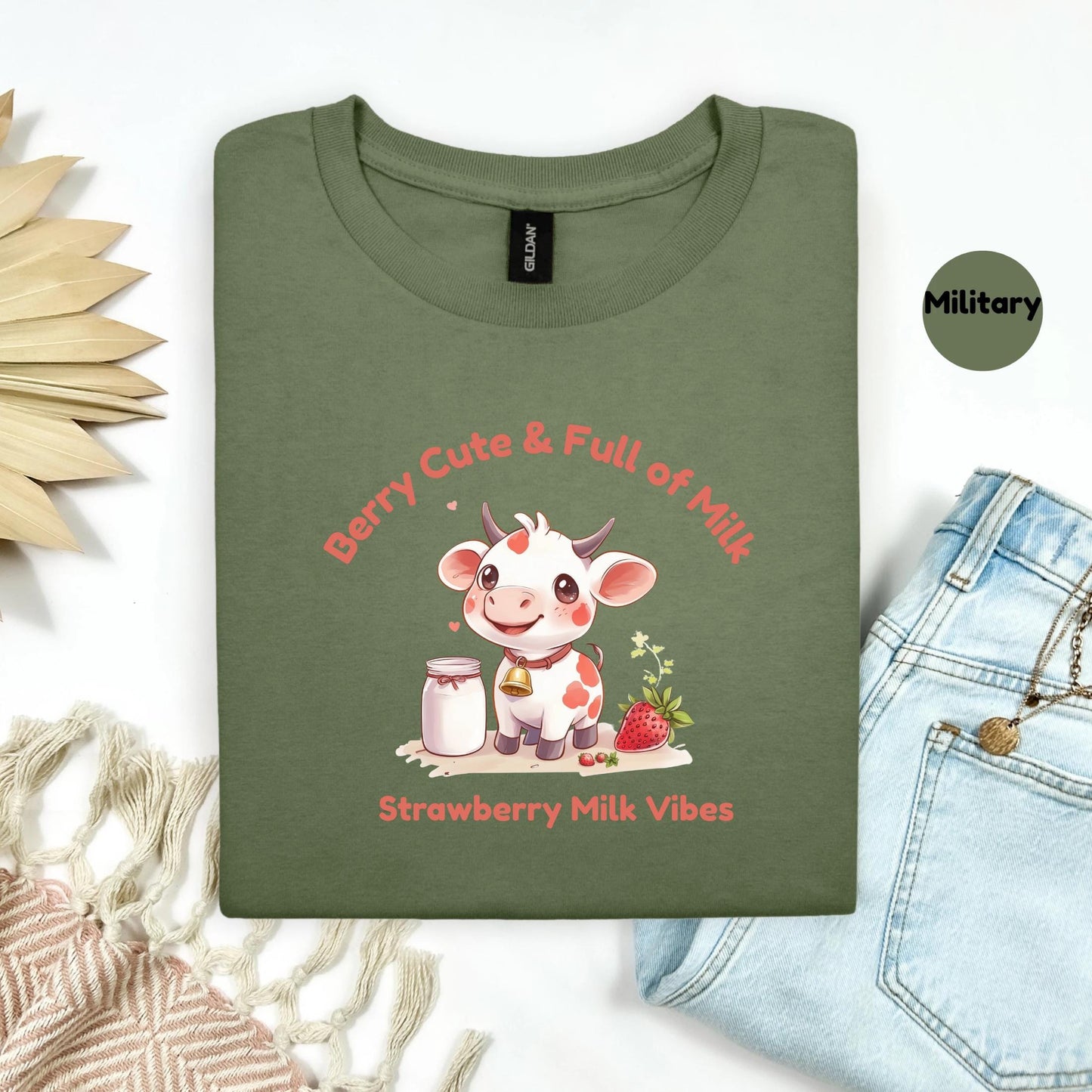 Kawaii Strawberry Milk Cow Shirt for Girls, Cute Pastel Animal Tee, Soft Pink Gift for Her, Adorable Anime-Inspired Graphic T-Shirt