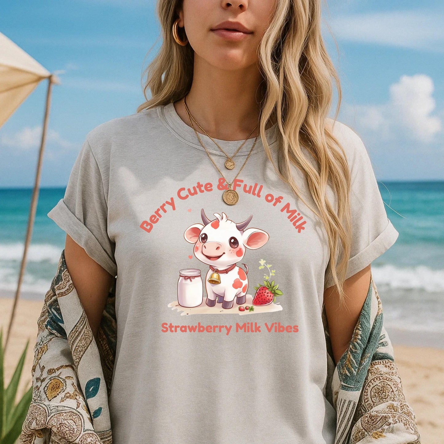 Kawaii Strawberry Milk Cow Shirt for Girls, Cute Pastel Animal Tee, Soft Pink Gift for Her, Adorable Anime-Inspired Graphic T-Shirt
