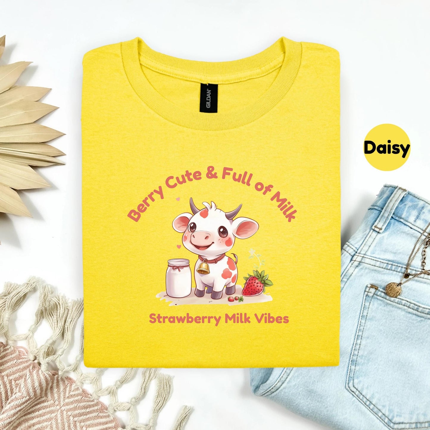 Kawaii Strawberry Milk Cow Shirt for Girls, Cute Pastel Animal Tee, Soft Pink Gift for Her, Adorable Anime-Inspired Graphic T-Shirt