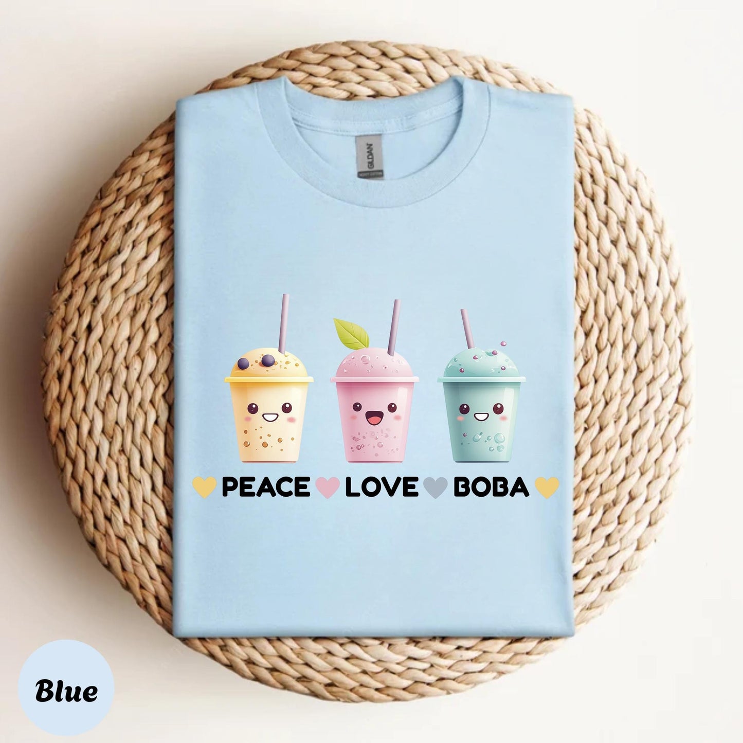 Peace Love Boba Bubble Tea Shirt for Men and Women, Funny Drink Culture Graphic Tee, Unisex Casual Pastel Top, Cool Gift for Boba Addicts