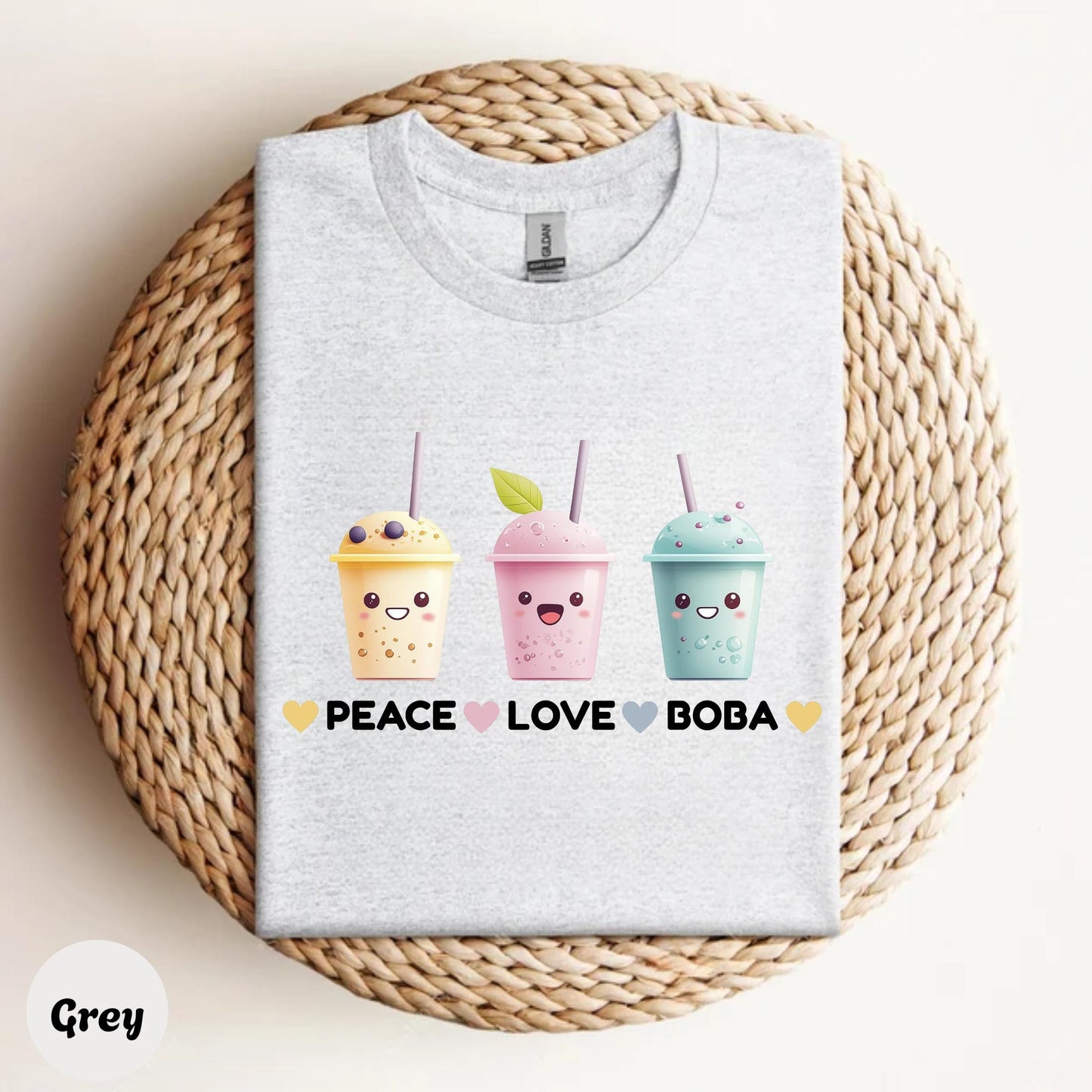 Peace Love Boba Bubble Tea Shirt for Men and Women, Funny Drink Culture Graphic Tee, Unisex Casual Pastel Top, Cool Gift for Boba Addicts