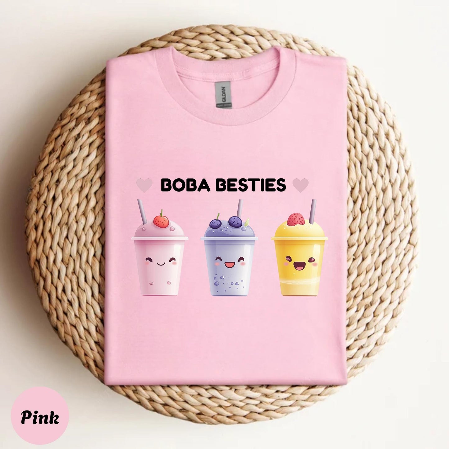 BOBA BESTIES Aesthetic Shirt for Girls, Cute Bubble Tea Outfit Tee, Soft Graphic T-Shirt for Selfie Lovers, Trendy Boba Top for OOTD Looks