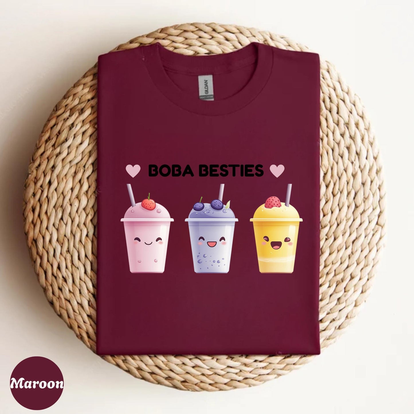 BOBA BESTIES Aesthetic Shirt for Girls, Cute Bubble Tea Outfit Tee, Soft Graphic T-Shirt for Selfie Lovers, Trendy Boba Top for OOTD Looks