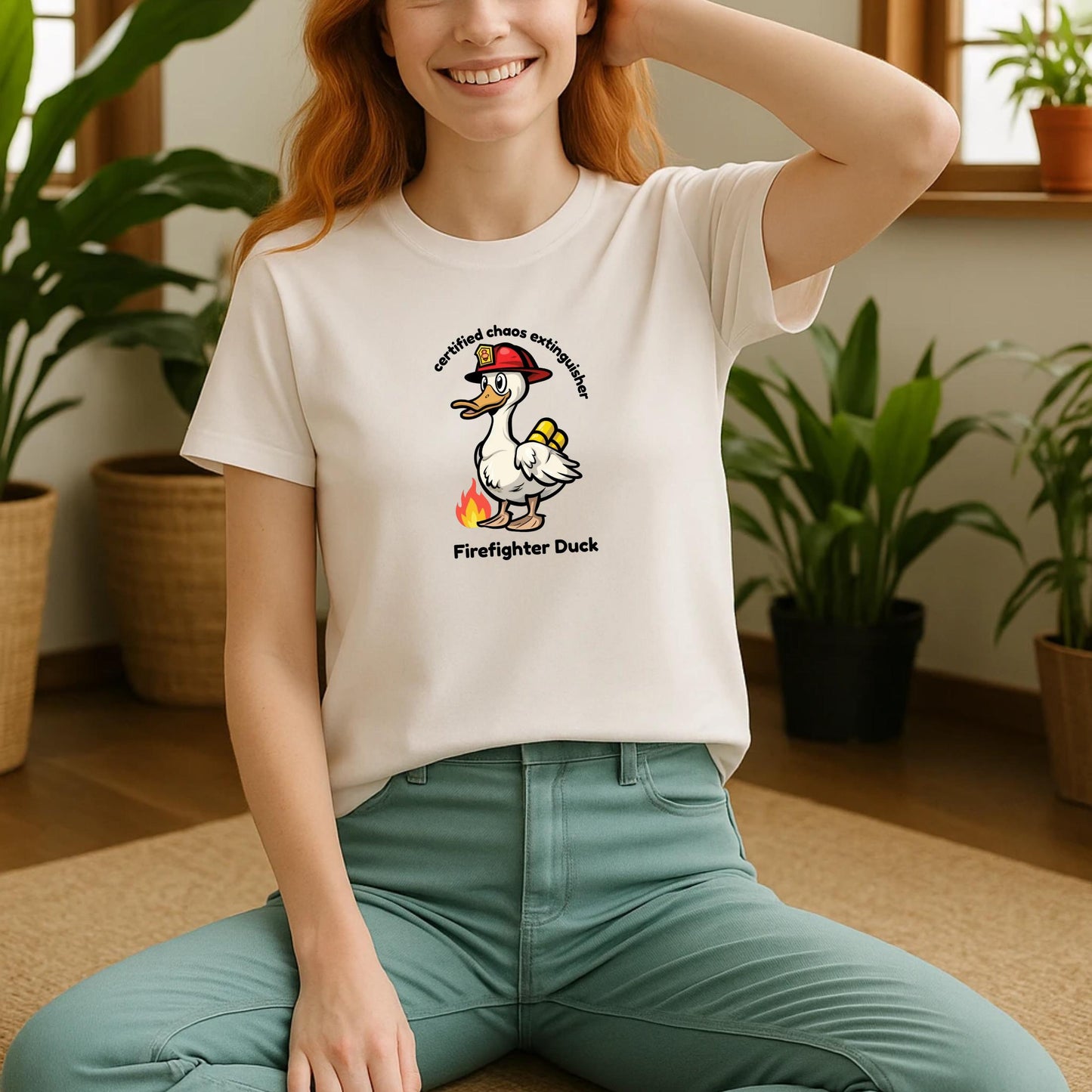 Firefighter Duck Kids Shirt, Funny Cartoon Duck Tee, Chaos Extinguisher Graphic, Cute Animal Shirt for Boys Girls, Family Humor Gift