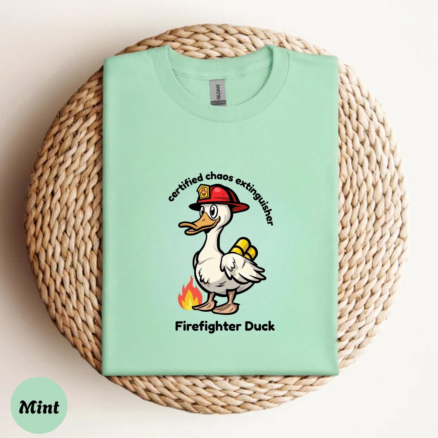 Firefighter Duck Kids Shirt, Funny Cartoon Duck Tee, Chaos Extinguisher Graphic, Cute Animal Shirt for Boys Girls, Family Humor Gift