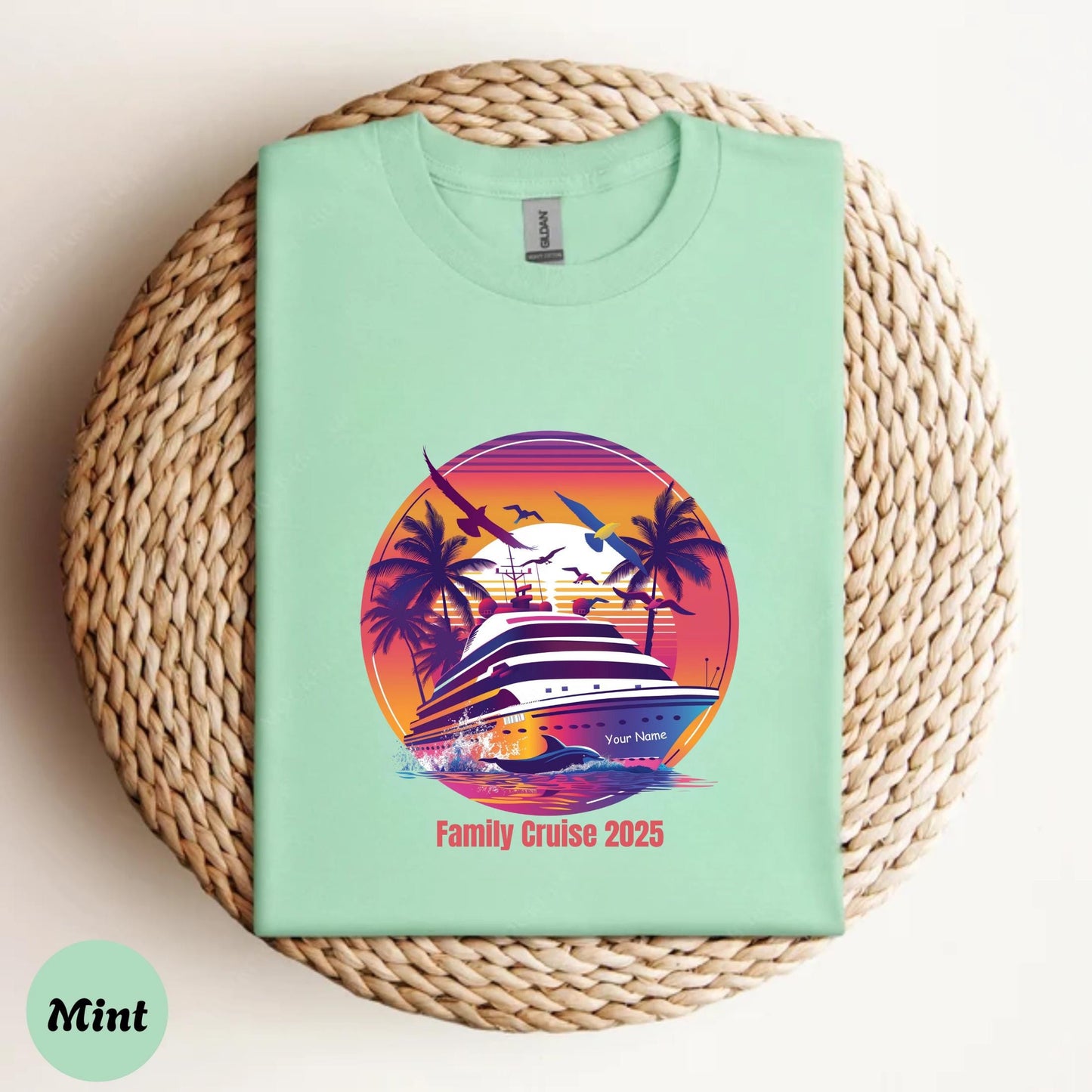 Personalized 2025 Cruise Shirt – Tropical Sunset Vacation Tee with Name – Gift for Cruise Lovers & Beach Trips