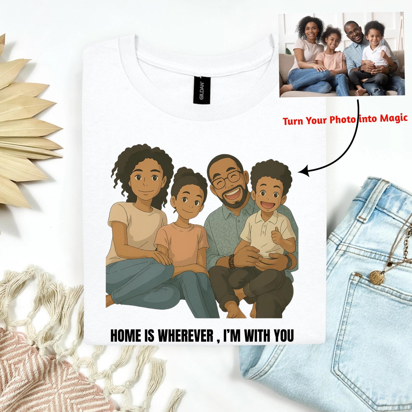 Custom Ghibli Family Portrait Shirt, Personalized Cartoon Drawing from Photo, Anime Style Gift Tee, Studio Ghibli Inspired Art