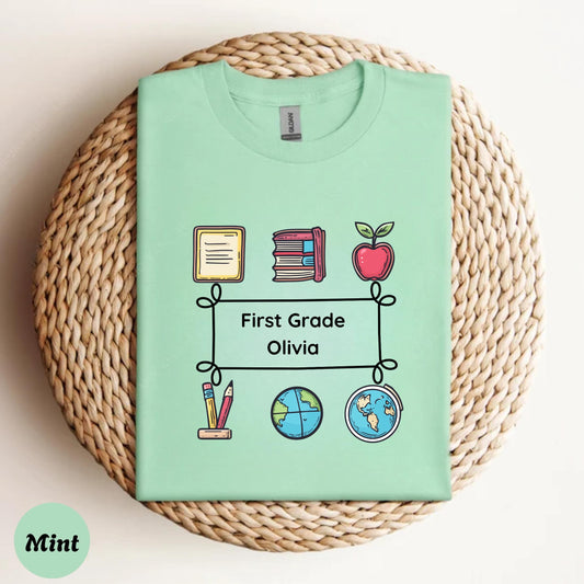 Back to School Custom Name Shirt – Fun Grade Level Tee with Cartoon School Icons | Cute Gift for Teacher, Girl or Student