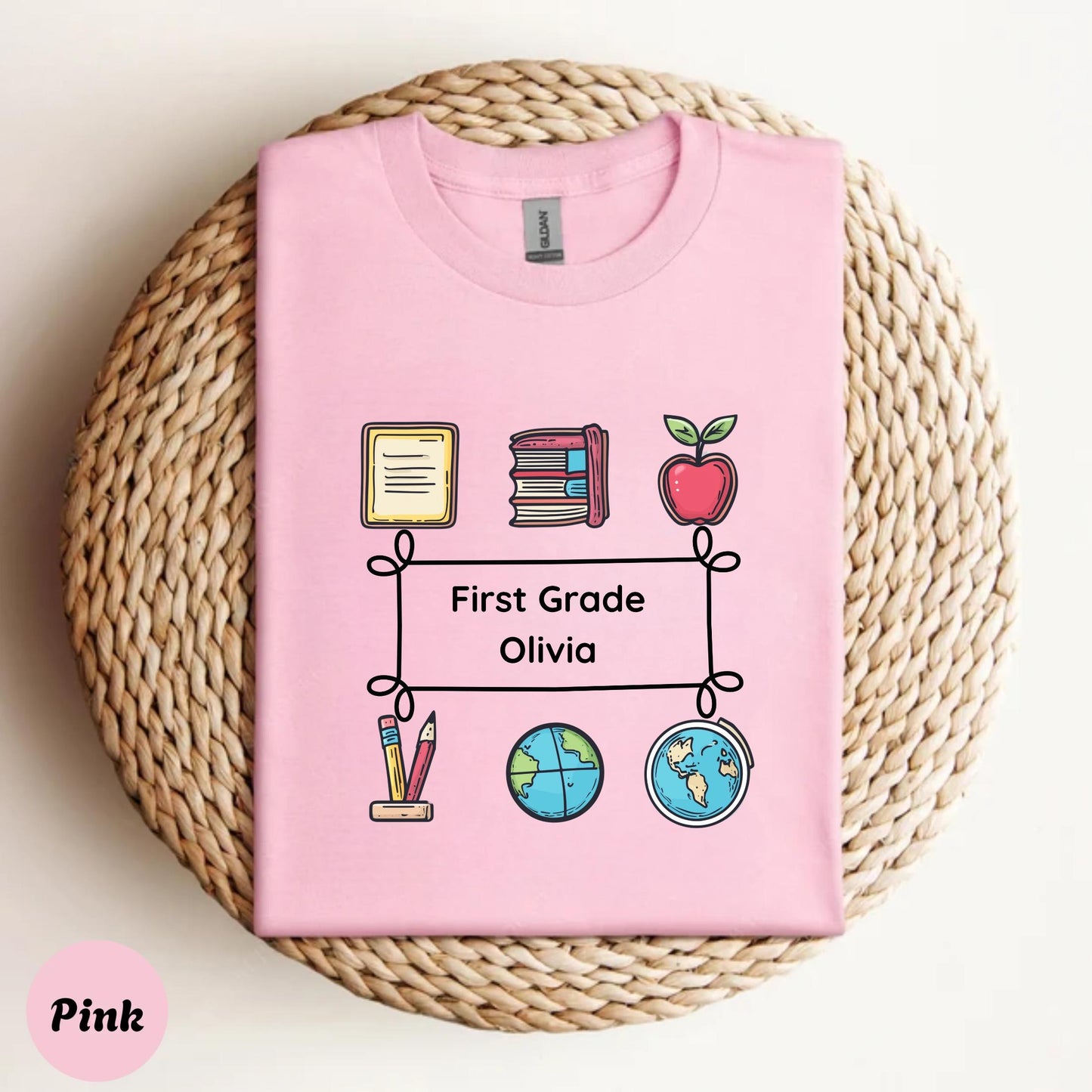 Back to School Custom Name Shirt – Fun Grade Level Tee with Cartoon School Icons | Cute Gift for Teacher, Girl or Student