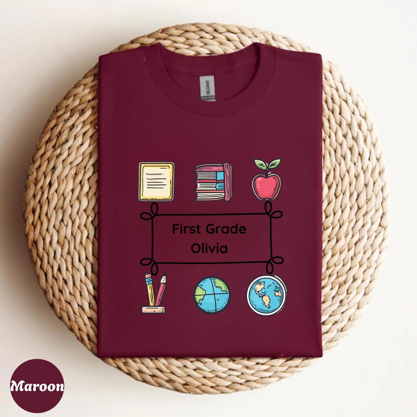 Back to School Custom Name Shirt – Fun Grade Level Tee with Cartoon School Icons | Cute Gift for Teacher, Girl or Student