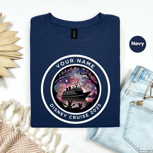 Personalized Disney Cruise Shirt 2025 – Custom Family Vacation Tee with Fireworks & Ship Graphic | Matching Cruise Group Shirt
