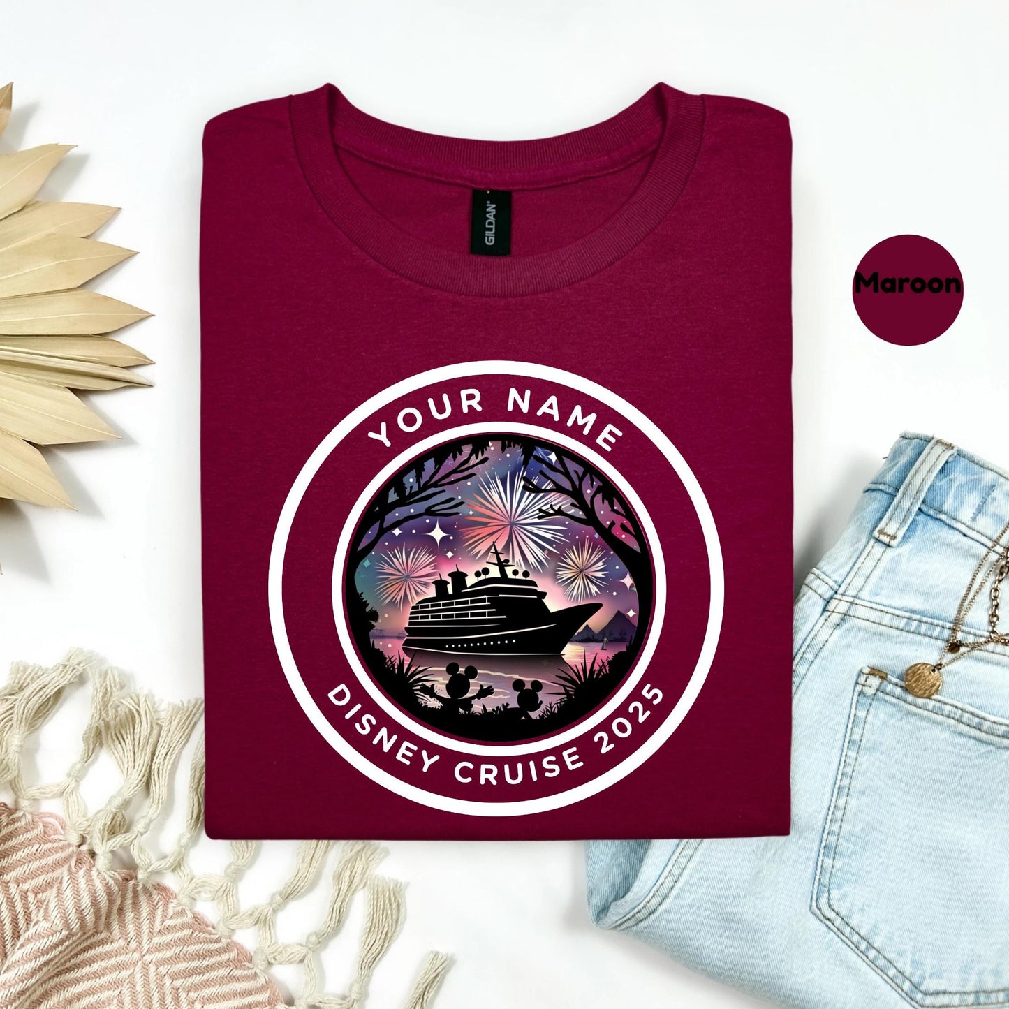 Personalized Disney Cruise Shirt 2025 – Custom Family Vacation Tee with Fireworks & Ship Graphic | Matching Cruise Group Shirt