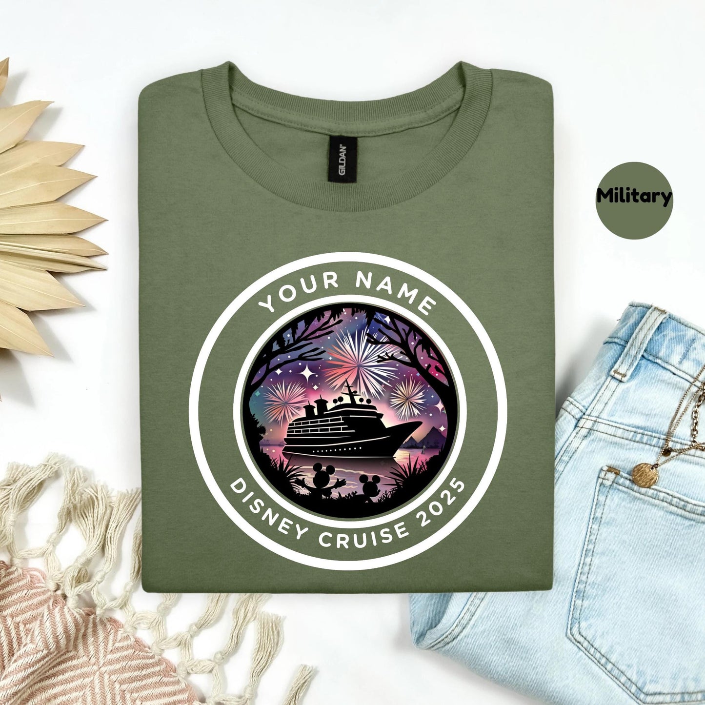 Personalized Disney Cruise Shirt 2025 – Custom Family Vacation Tee with Fireworks & Ship Graphic | Matching Cruise Group Shirt