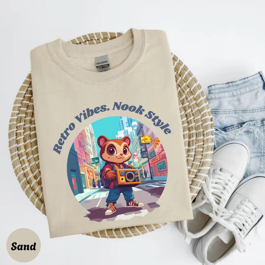 Boho Gamer Girl Shirt, Cozy Nook Style Tee, Soft Beige Animal Crossing Shirt, Cartoon Raccoon Top, Kawaii Retro Gaming Gift for Her