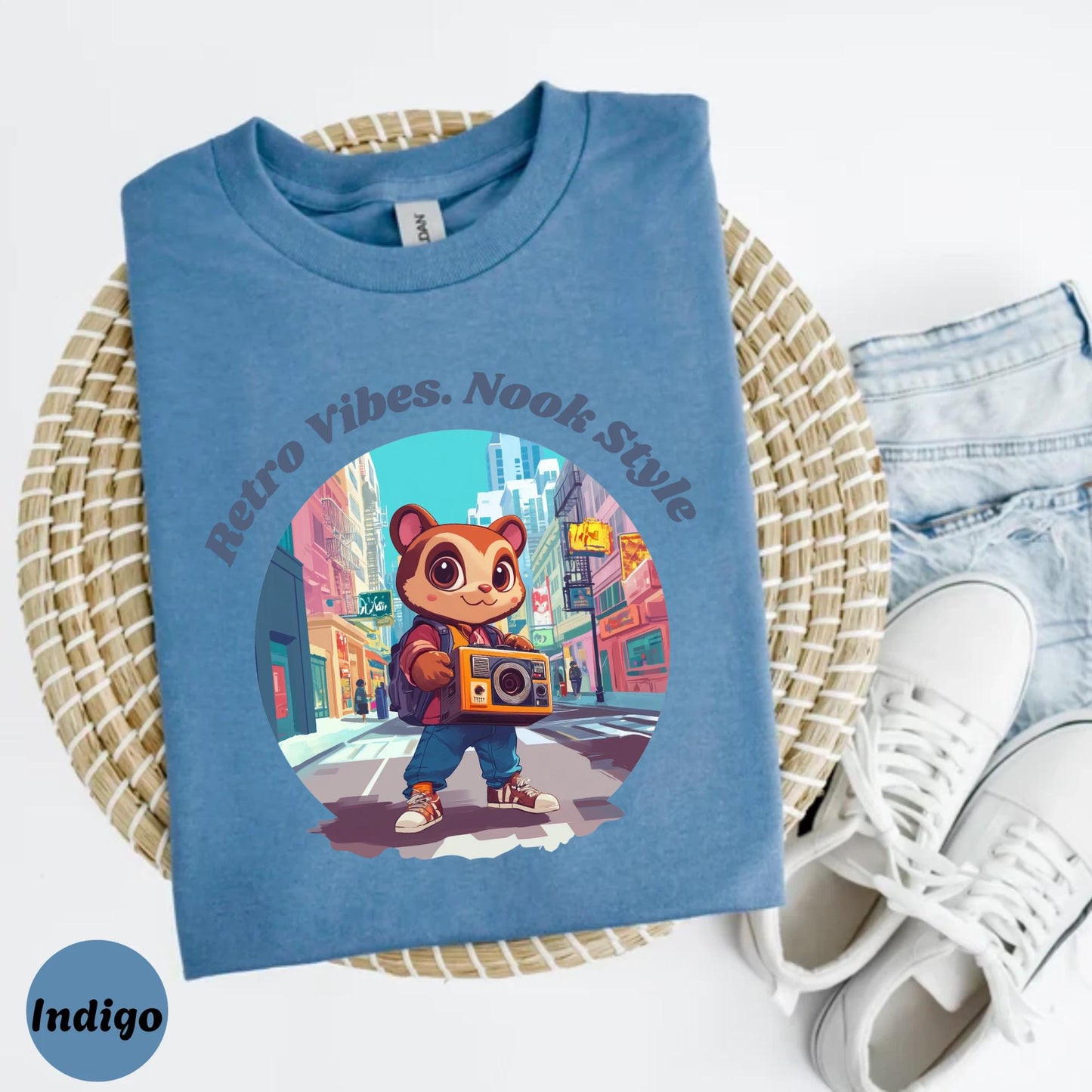 Boho Gamer Girl Shirt, Cozy Nook Style Tee, Soft Beige Animal Crossing Shirt, Cartoon Raccoon Top, Kawaii Retro Gaming Gift for Her