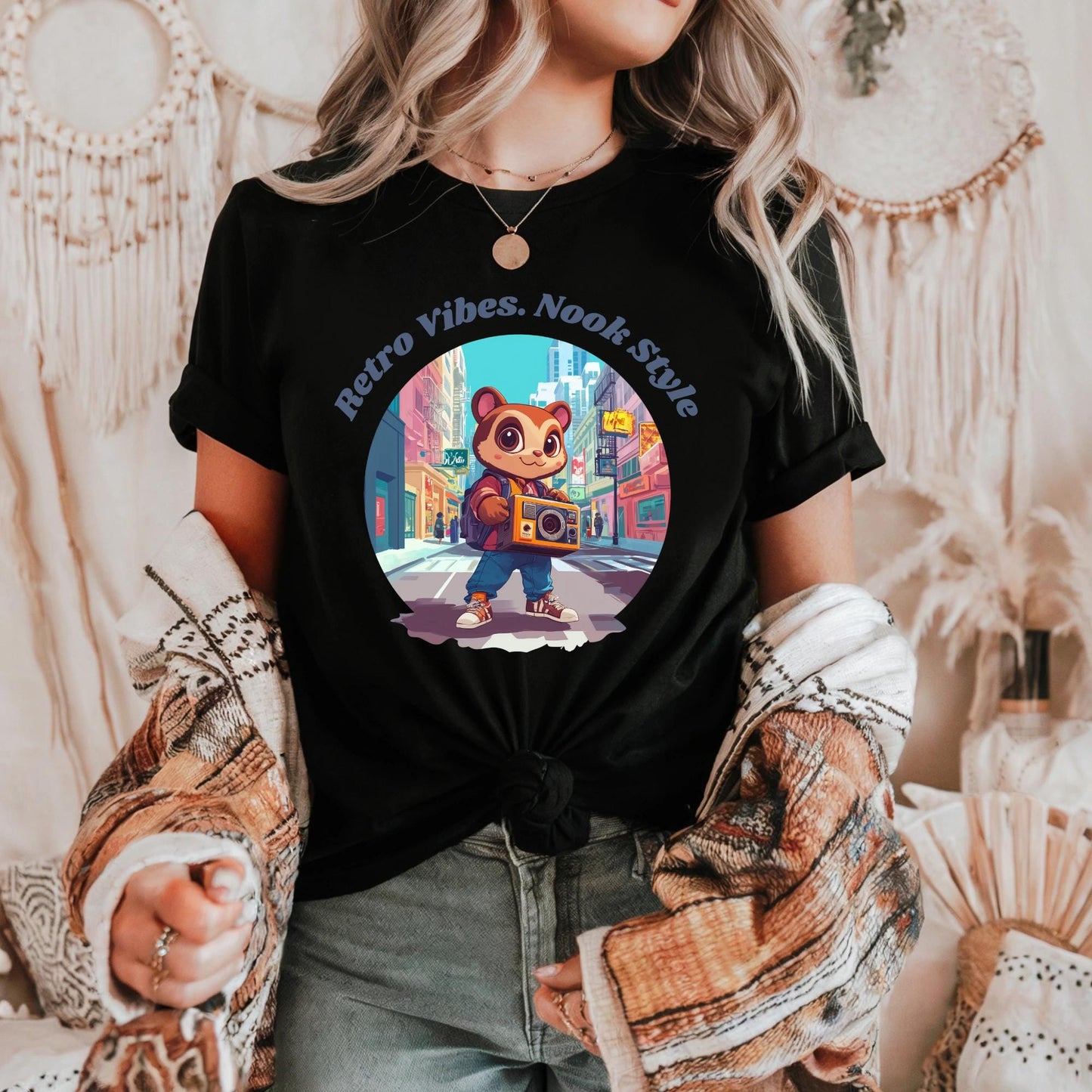 Boho Gamer Girl Shirt, Cozy Nook Style Tee, Soft Beige Animal Crossing Shirt, Cartoon Raccoon Top, Kawaii Retro Gaming Gift for Her