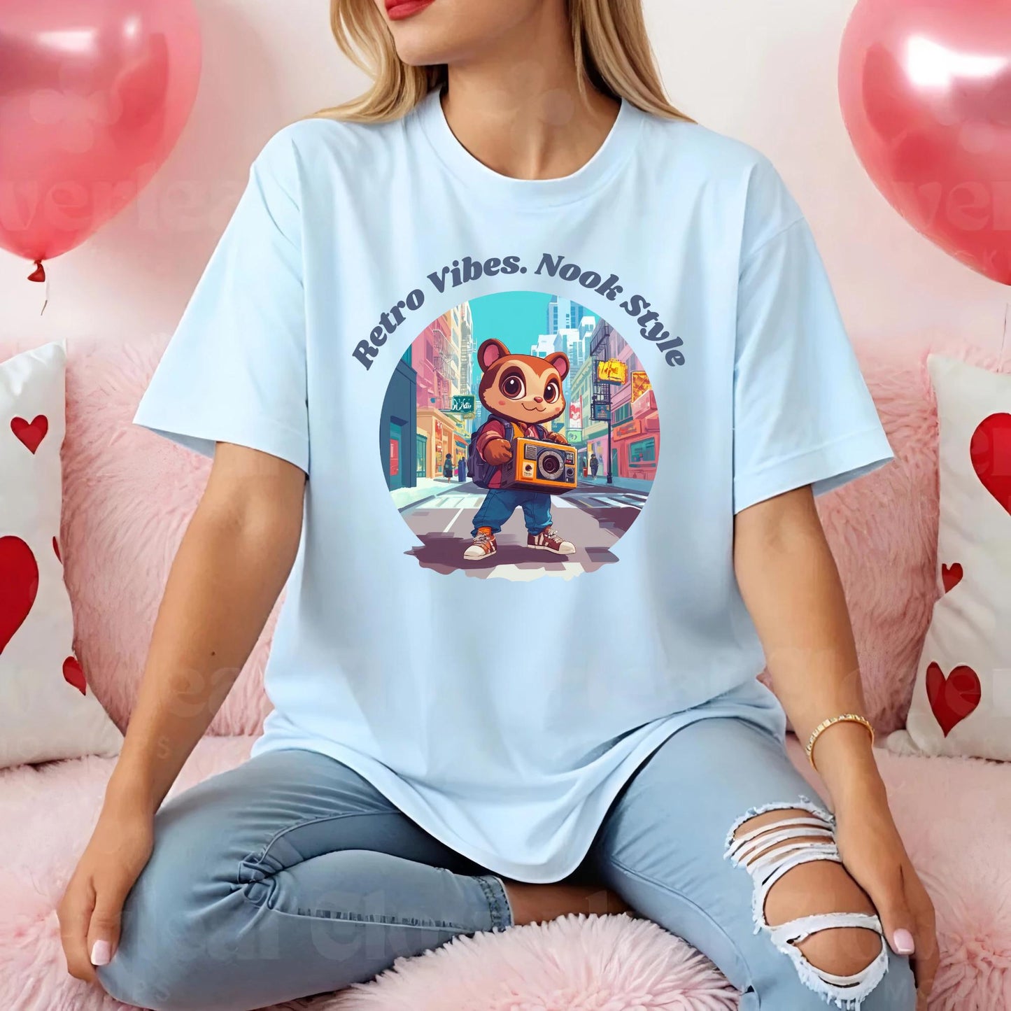 Boho Gamer Girl Shirt, Cozy Nook Style Tee, Soft Beige Animal Crossing Shirt, Cartoon Raccoon Top, Kawaii Retro Gaming Gift for Her
