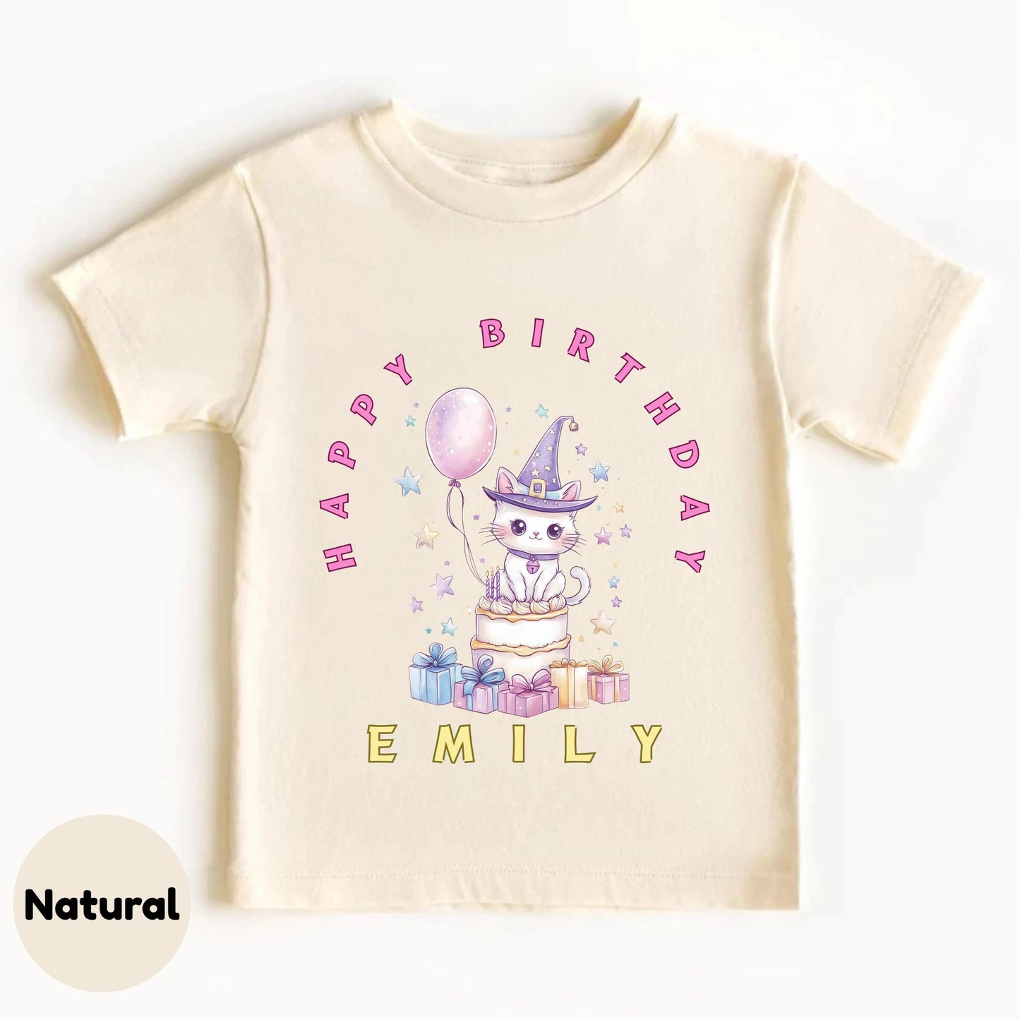 Magical Cat Birthday Shirt for Girls – Personalized Toddler Tee with Cute Cake & Gifts