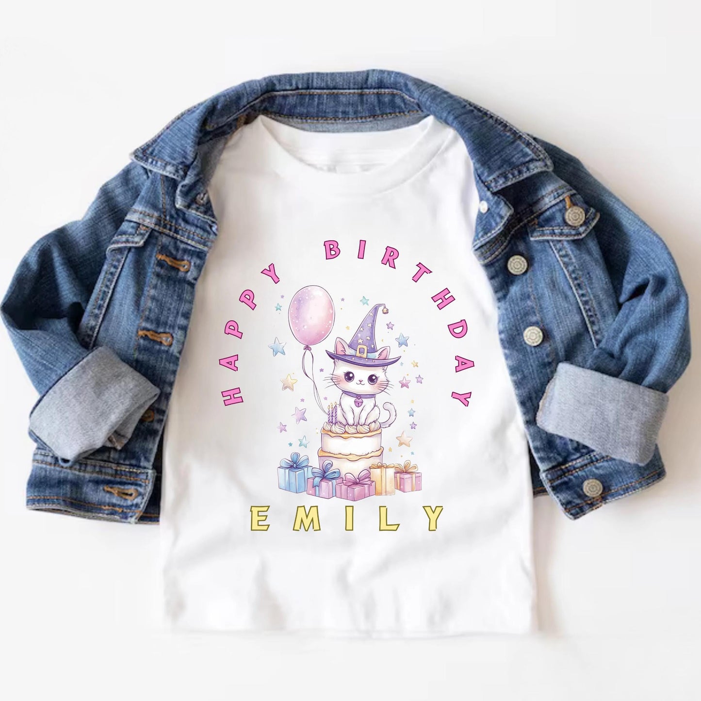 Magical Cat Birthday Shirt for Girls – Personalized Toddler Tee with Cute Cake & Gifts