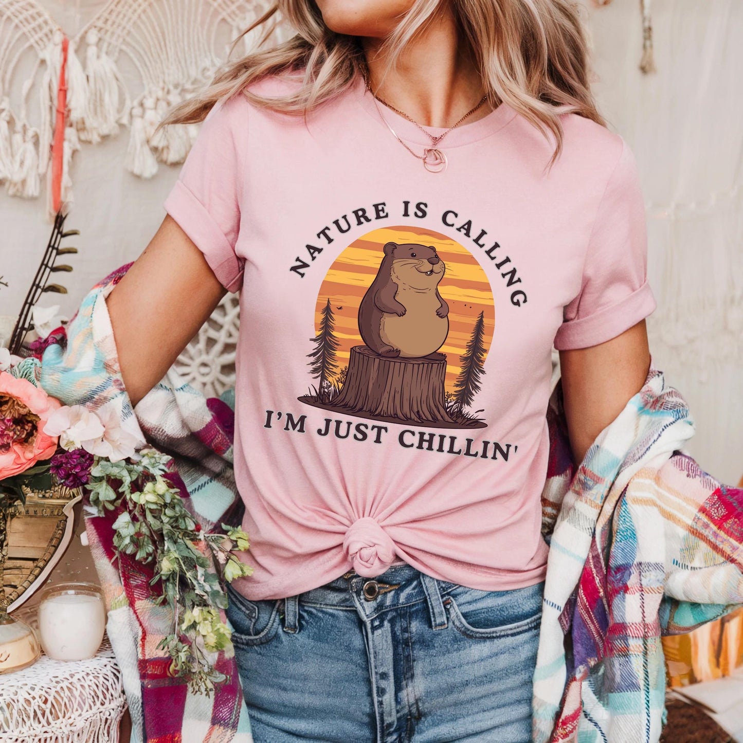 Nature Is Calling Funny Groundhog Shirt β Retro Animal Camping Tee for Hikers, Chillers & Wildlife Lovers Gift