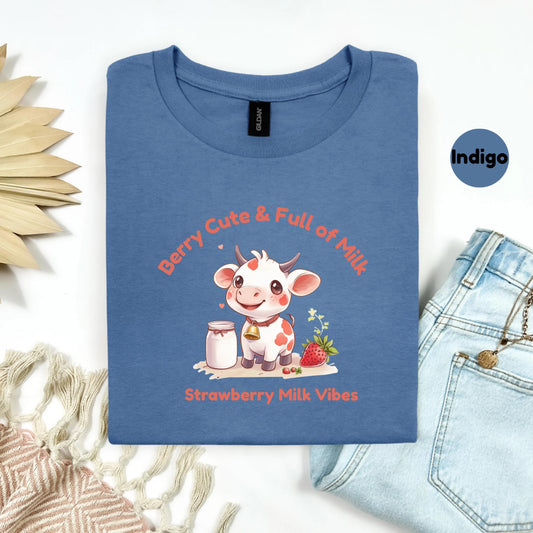 Kawaii Strawberry Milk Cow Shirt for Girls, Cute Pastel Animal Tee, Soft Pink Gift for Her, Adorable Anime-Inspired Graphic T-Shirt
