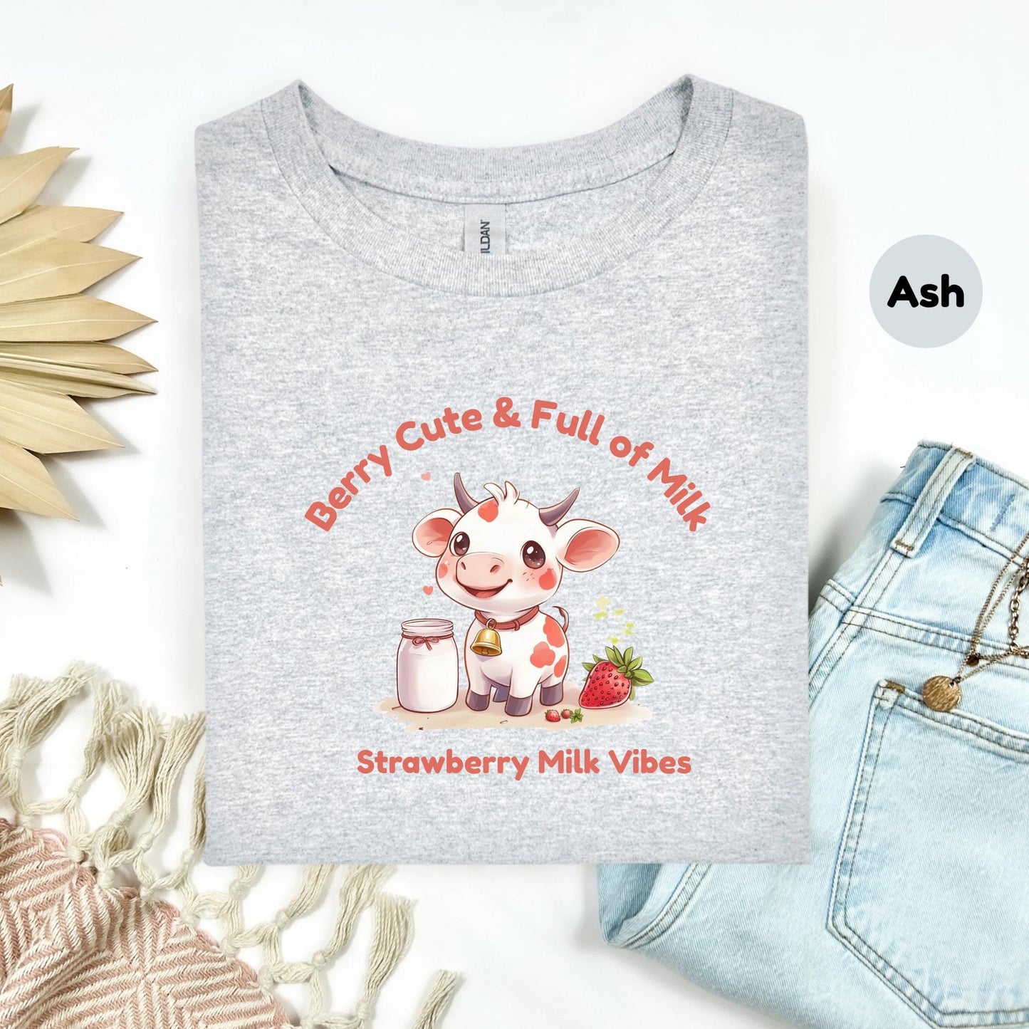 Kawaii Strawberry Milk Cow Shirt for Girls, Cute Pastel Animal Tee, Soft Pink Gift for Her, Adorable Anime-Inspired Graphic T-Shirt