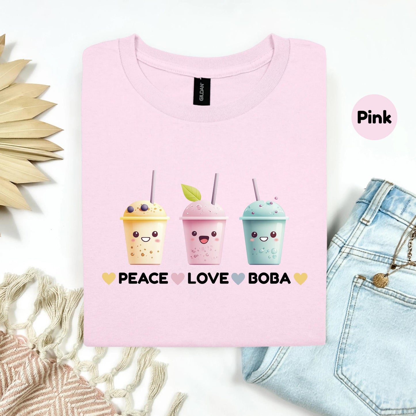 Peace Love Boba Bubble Tea Shirt for Men and Women, Funny Drink Culture Graphic Tee, Unisex Casual Pastel Top, Cool Gift for Boba Addicts