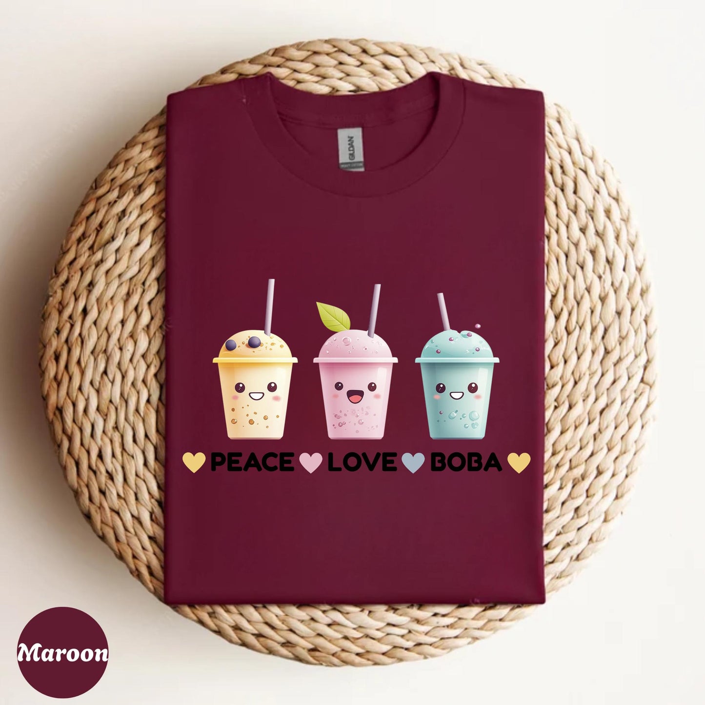 Peace Love Boba Bubble Tea Shirt for Men and Women, Funny Drink Culture Graphic Tee, Unisex Casual Pastel Top, Cool Gift for Boba Addicts