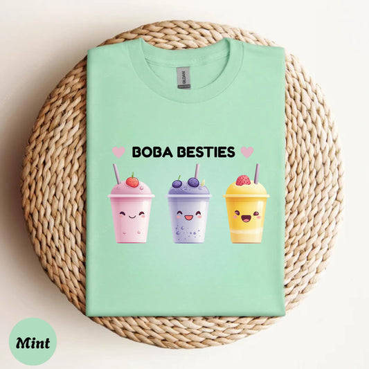 BOBA BESTIES Aesthetic Shirt for Girls, Cute Bubble Tea Outfit Tee, Soft Graphic T-Shirt for Selfie Lovers, Trendy Boba Top for OOTD Looks