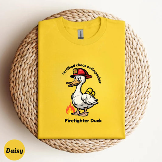 Firefighter Duck Kids Shirt, Funny Cartoon Duck Tee, Chaos Extinguisher Graphic, Cute Animal Shirt for Boys Girls, Family Humor Gift