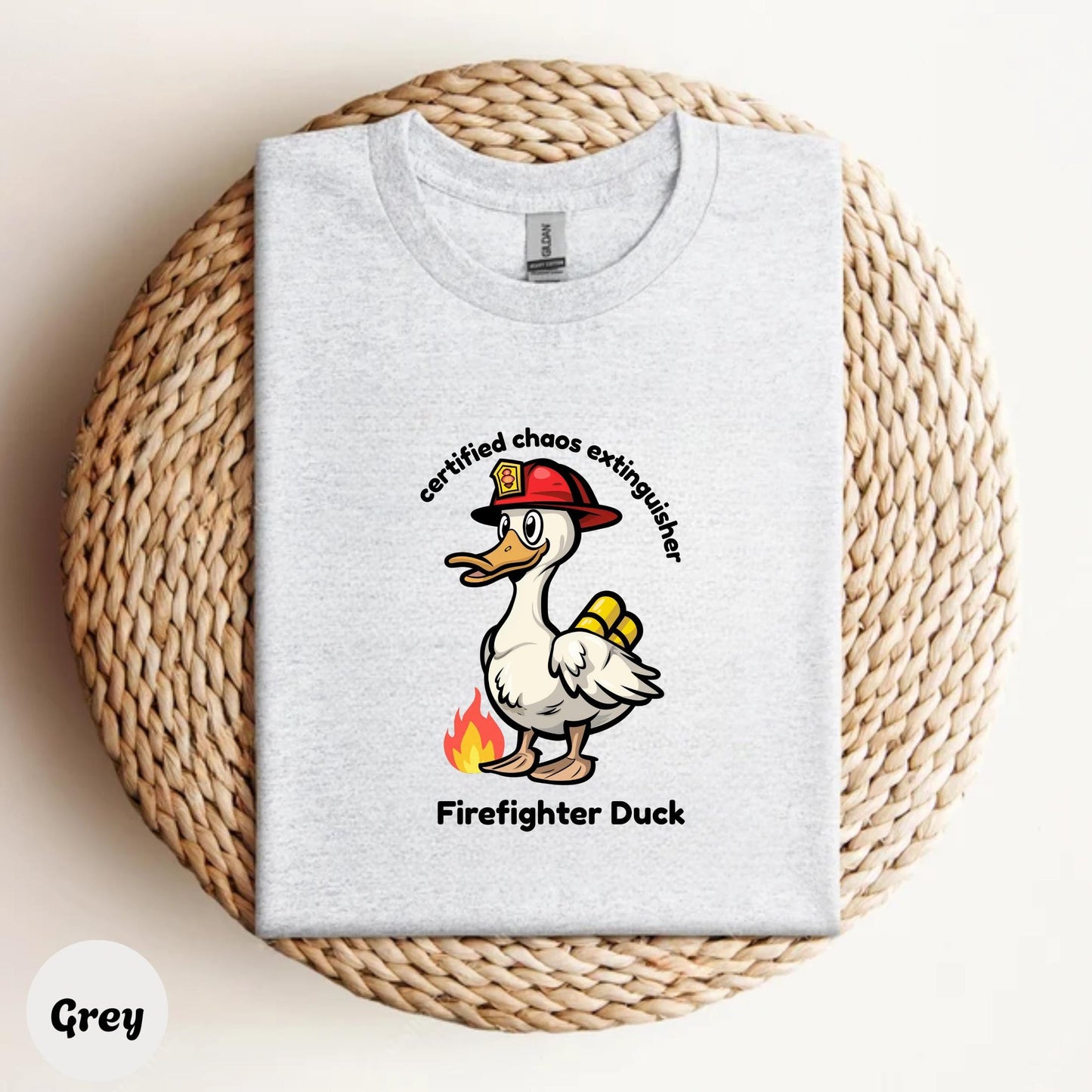 Firefighter Duck Kids Shirt, Funny Cartoon Duck Tee, Chaos Extinguisher Graphic, Cute Animal Shirt for Boys Girls, Family Humor Gift