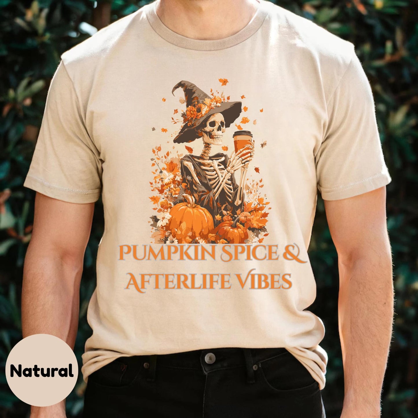 Gothic Pumpkin Skeleton Shirt Vintage Halloween Coffee Tee Afterlife Humor T-Shirt for Spooky Season Unisex AA38