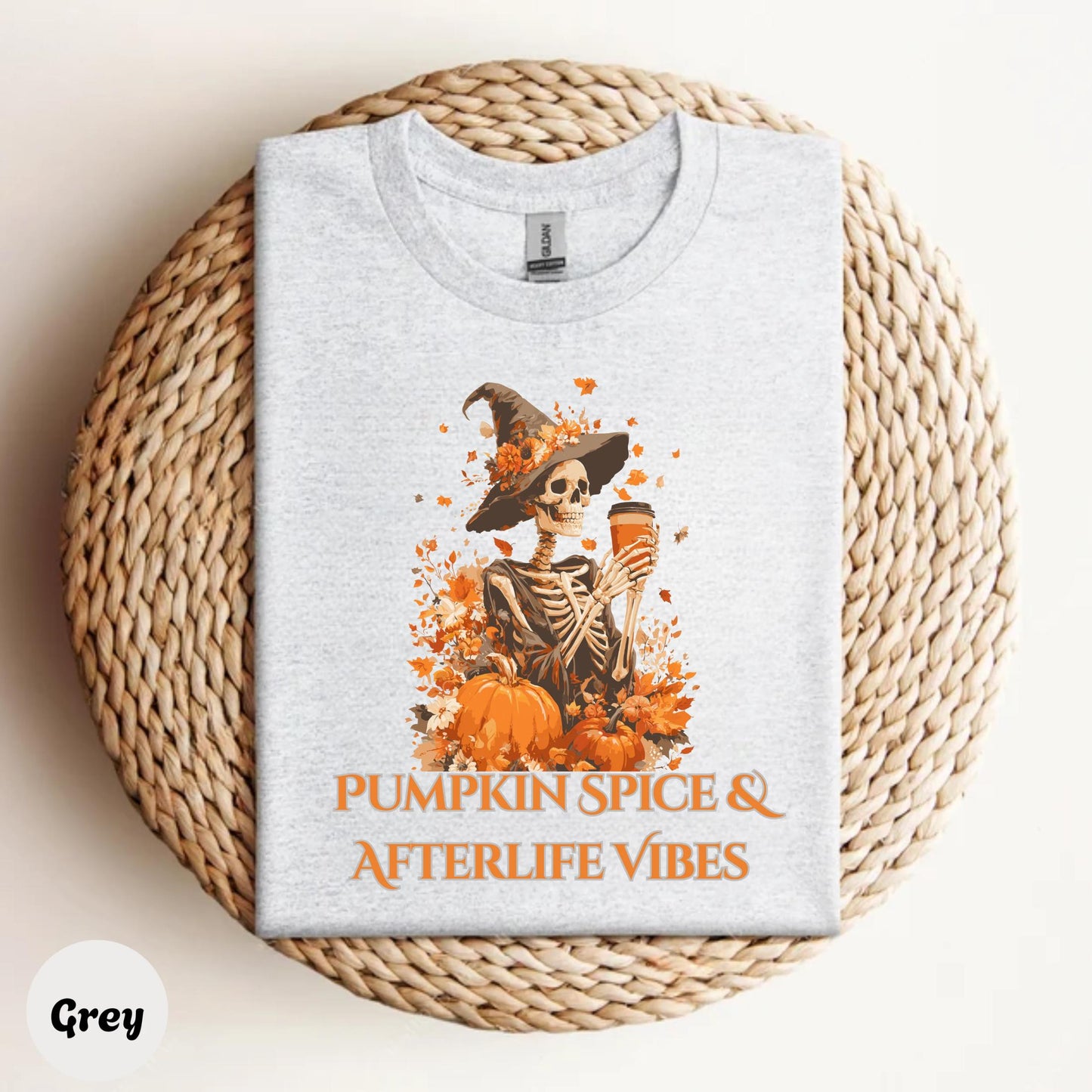 Gothic Pumpkin Skeleton Shirt Vintage Halloween Coffee Tee Afterlife Humor T-Shirt for Spooky Season Unisex AA38