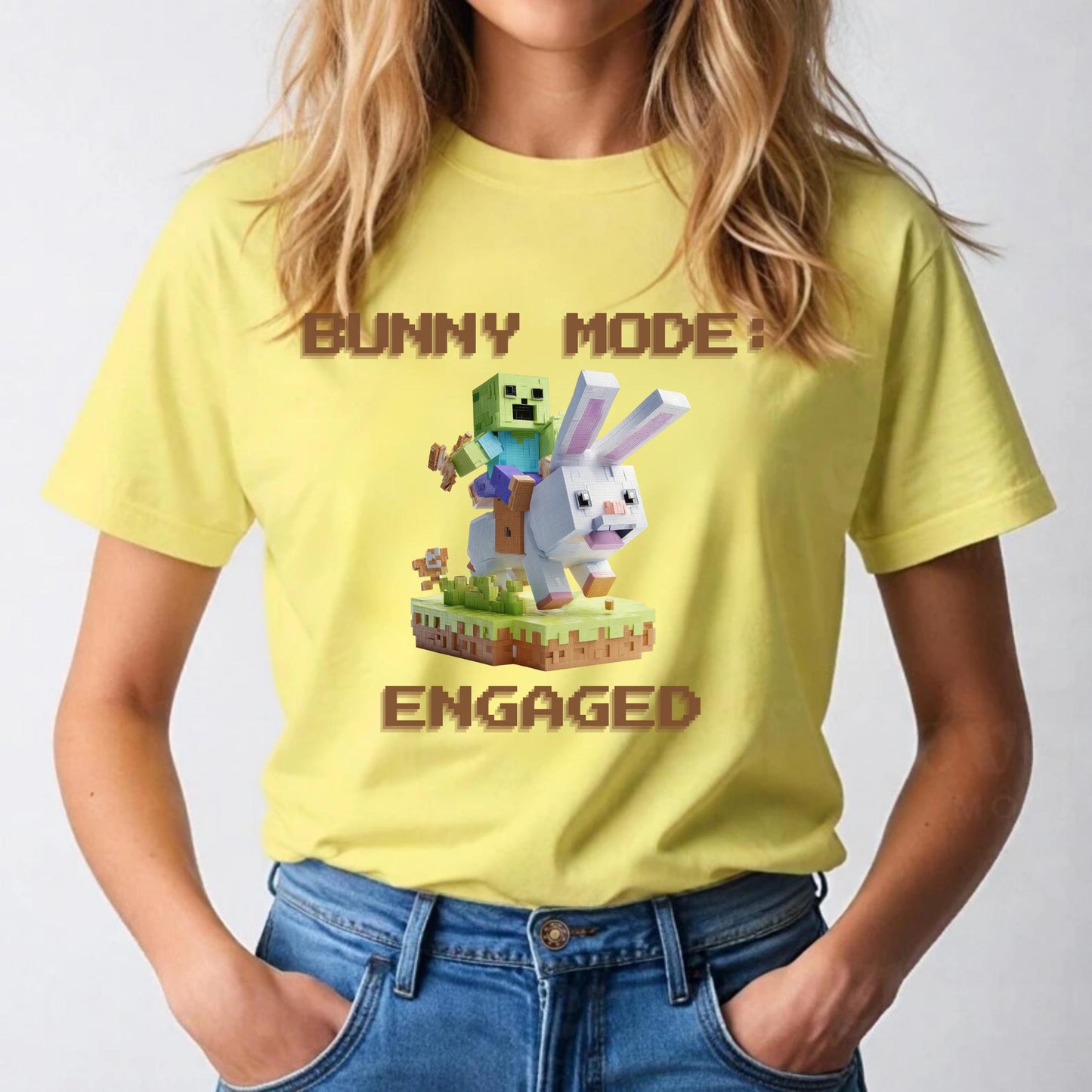 Funny Bunny Mode Pixel Shirt Gamer Humor Tee for Men Teens Blocky Bunny Rider Graphic T-Shirt Gift Idea AA35