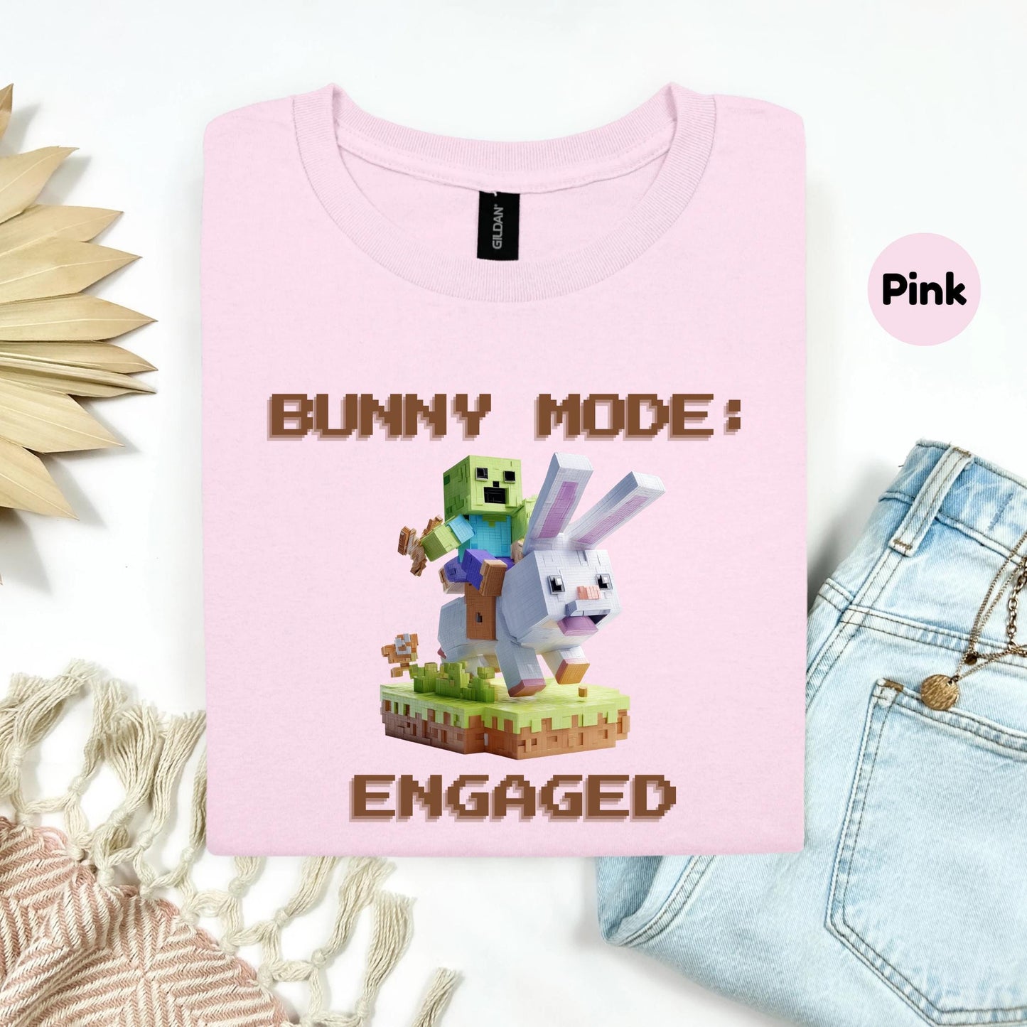 Funny Bunny Mode Pixel Shirt Gamer Humor Tee for Men Teens Blocky Bunny Rider Graphic T-Shirt Gift Idea AA35