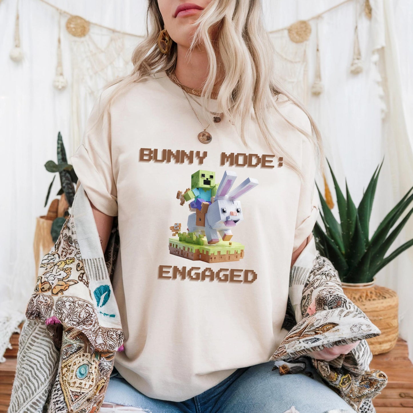 Funny Bunny Mode Pixel Shirt Gamer Humor Tee for Men Teens Blocky Bunny Rider Graphic T-Shirt Gift Idea AA35