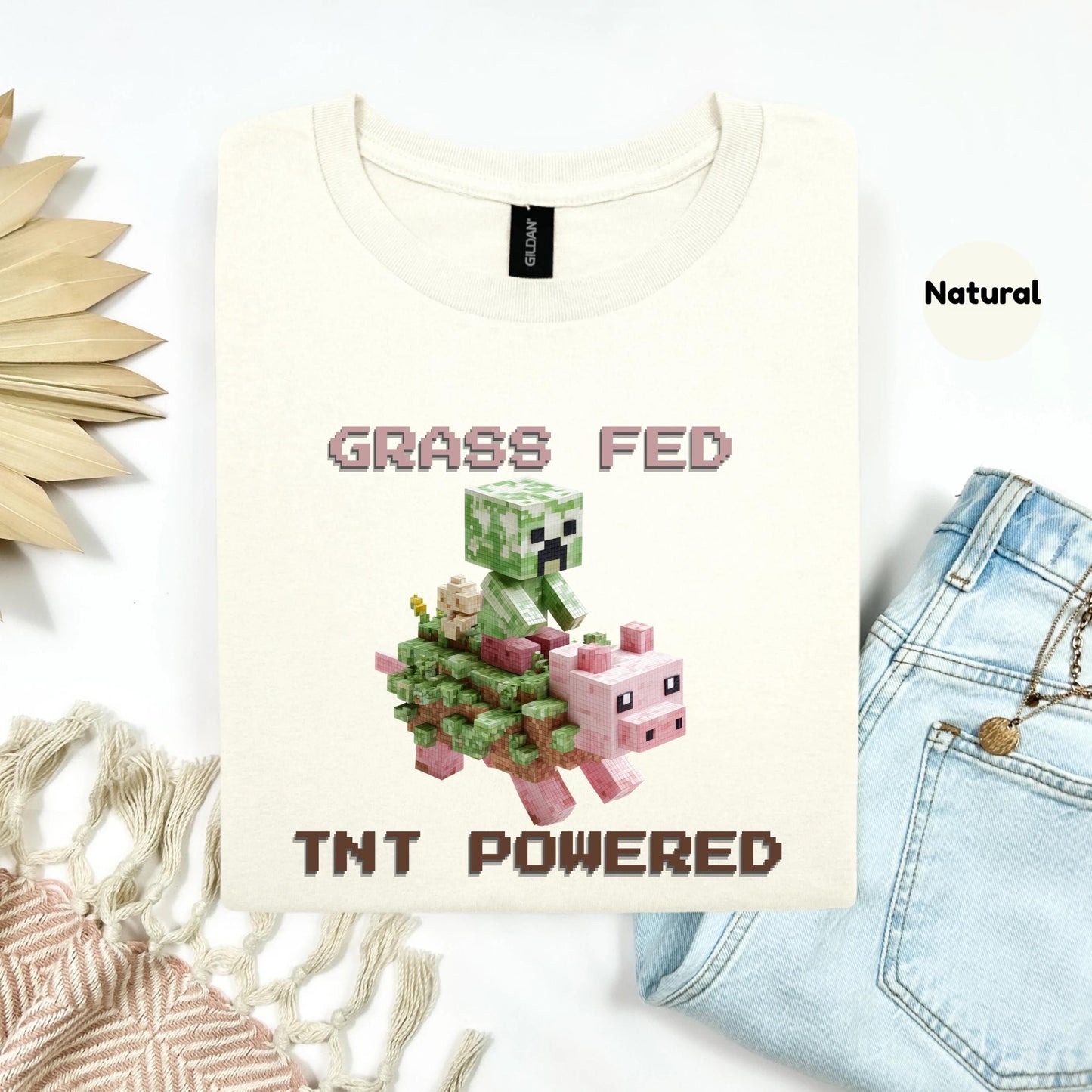 Retro Y2K Pixel Pig Shirt Grass Fed TNT Powered Graphic Tee Funny Blocky Animal Aesthetic for Teens Unisex AA34