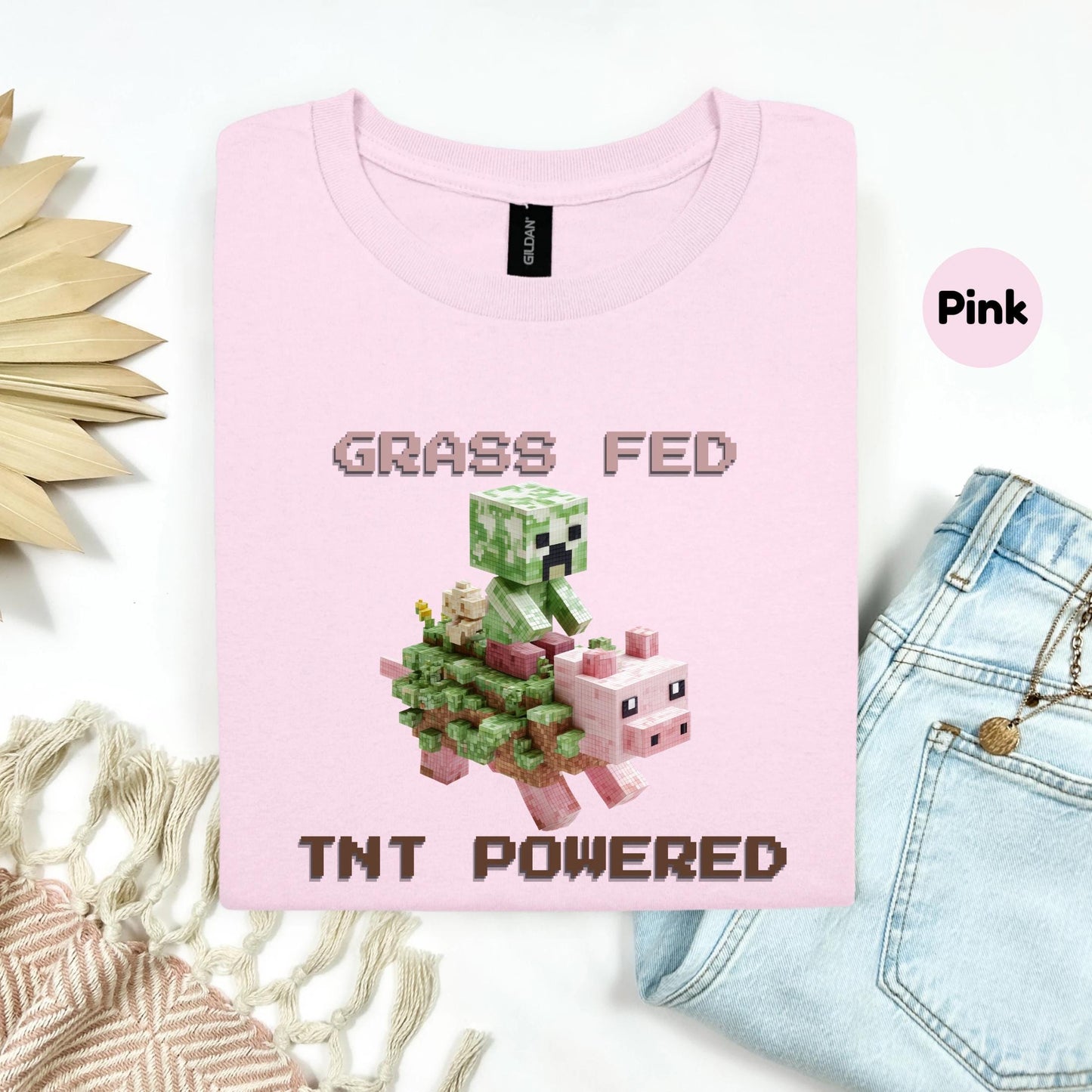 Retro Y2K Pixel Pig Shirt Grass Fed TNT Powered Graphic Tee Funny Blocky Animal Aesthetic for Teens Unisex AA34