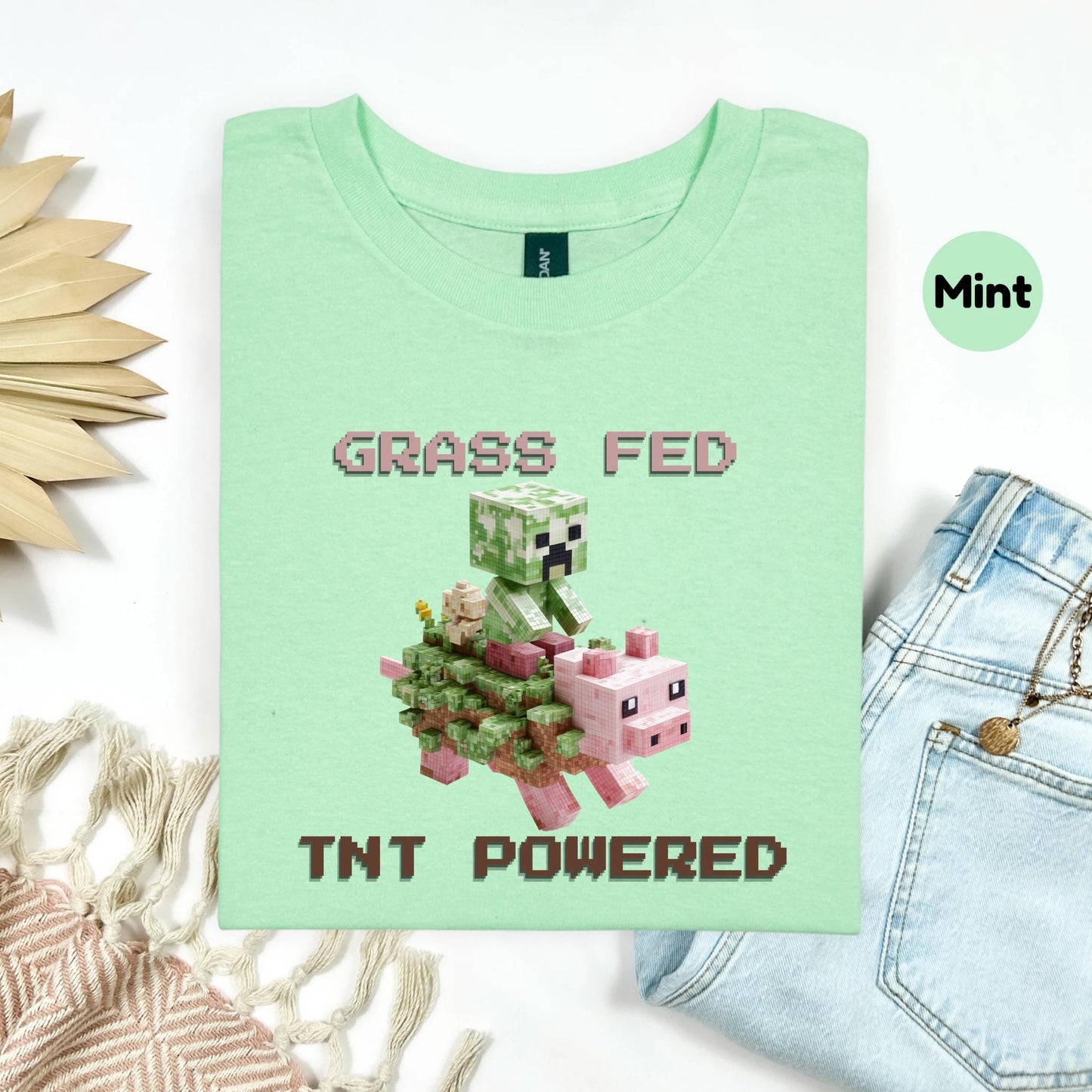 Retro Y2K Pixel Pig Shirt Grass Fed TNT Powered Graphic Tee Funny Blocky Animal Aesthetic for Teens Unisex AA34