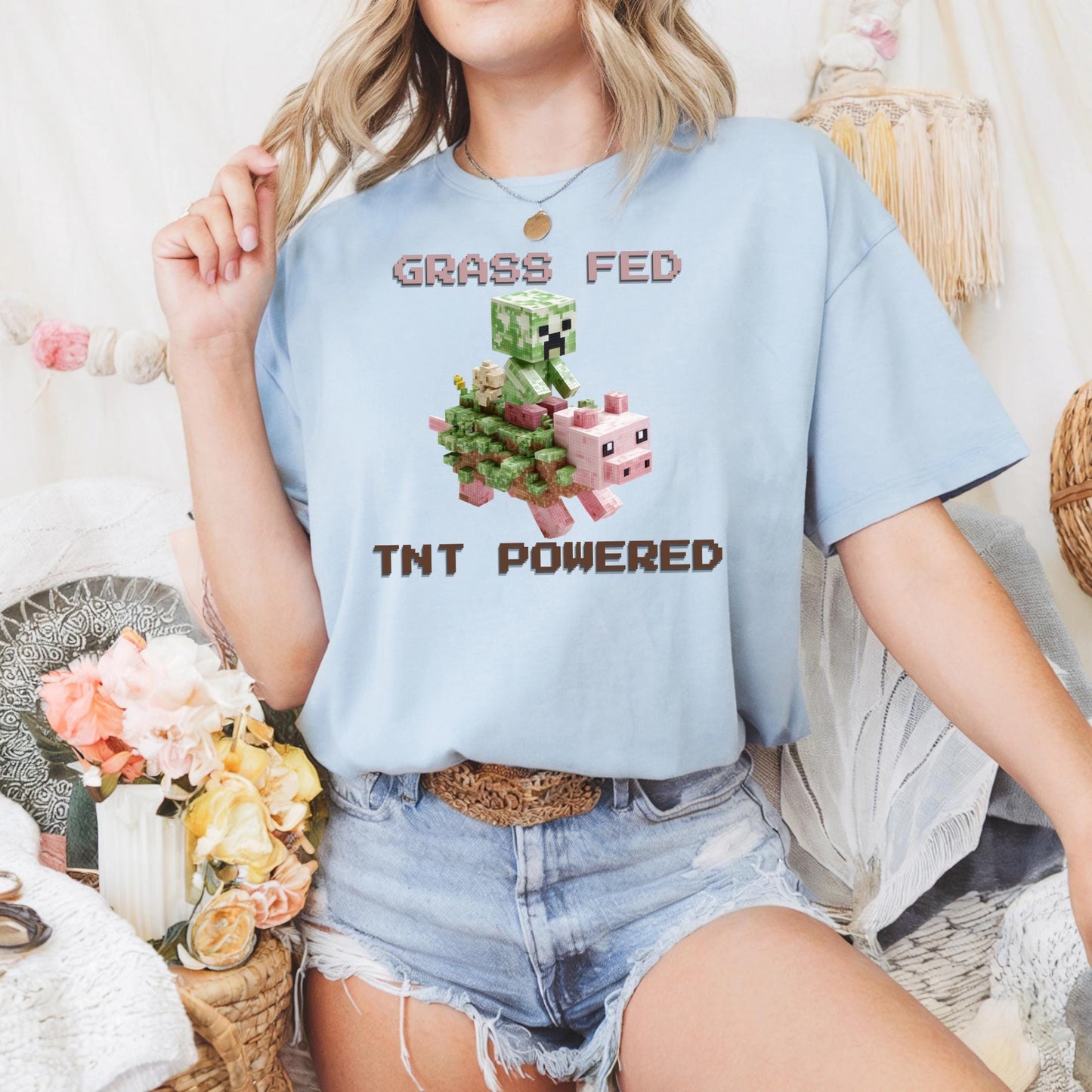 Retro Y2K Pixel Pig Shirt Grass Fed TNT Powered Graphic Tee Funny Blocky Animal Aesthetic for Teens Unisex AA34