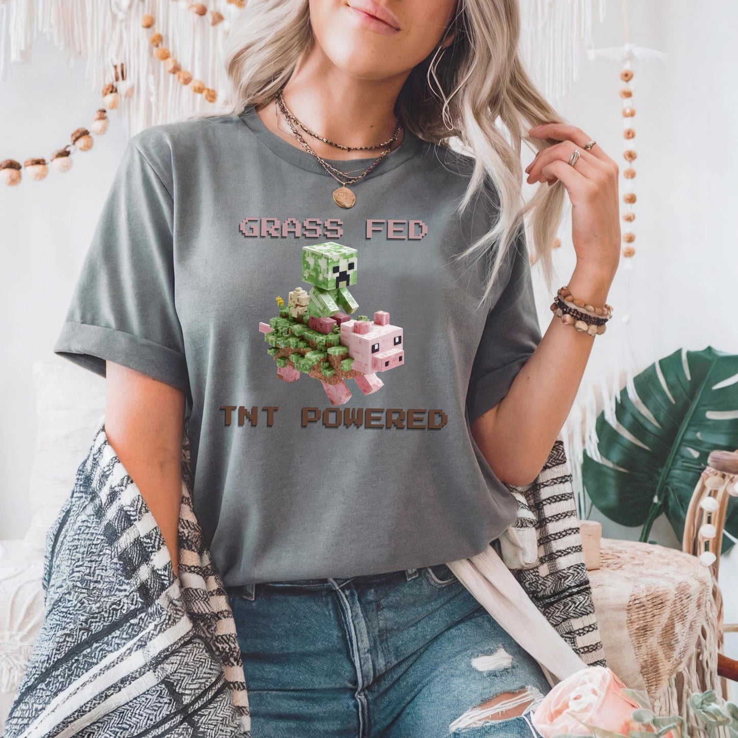 Retro Y2K Pixel Pig Shirt Grass Fed TNT Powered Graphic Tee Funny Blocky Animal Aesthetic for Teens Unisex AA34