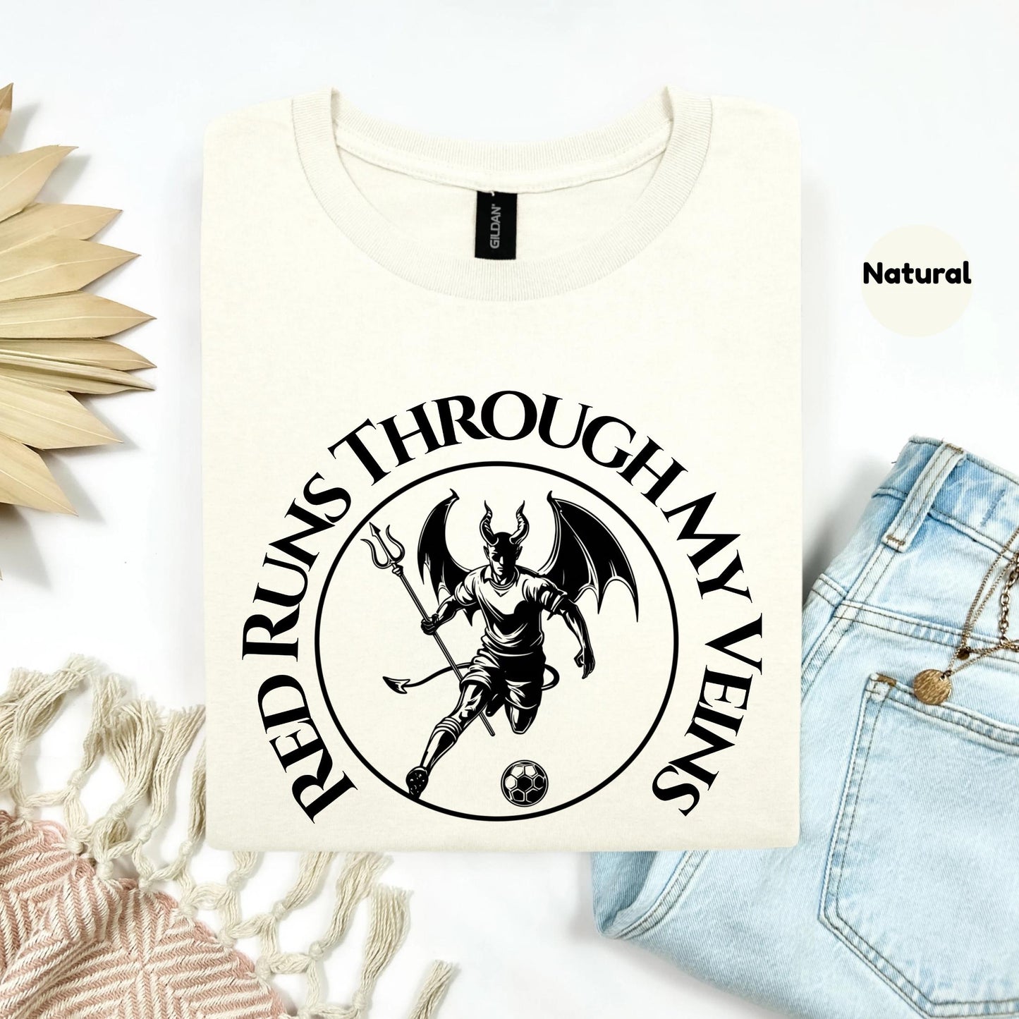Gothic Devil Soccer Shirt, Red Runs Through My Veins Football Graphic Tee, Streetwear Fan T-Shirt for Men and Women AA27