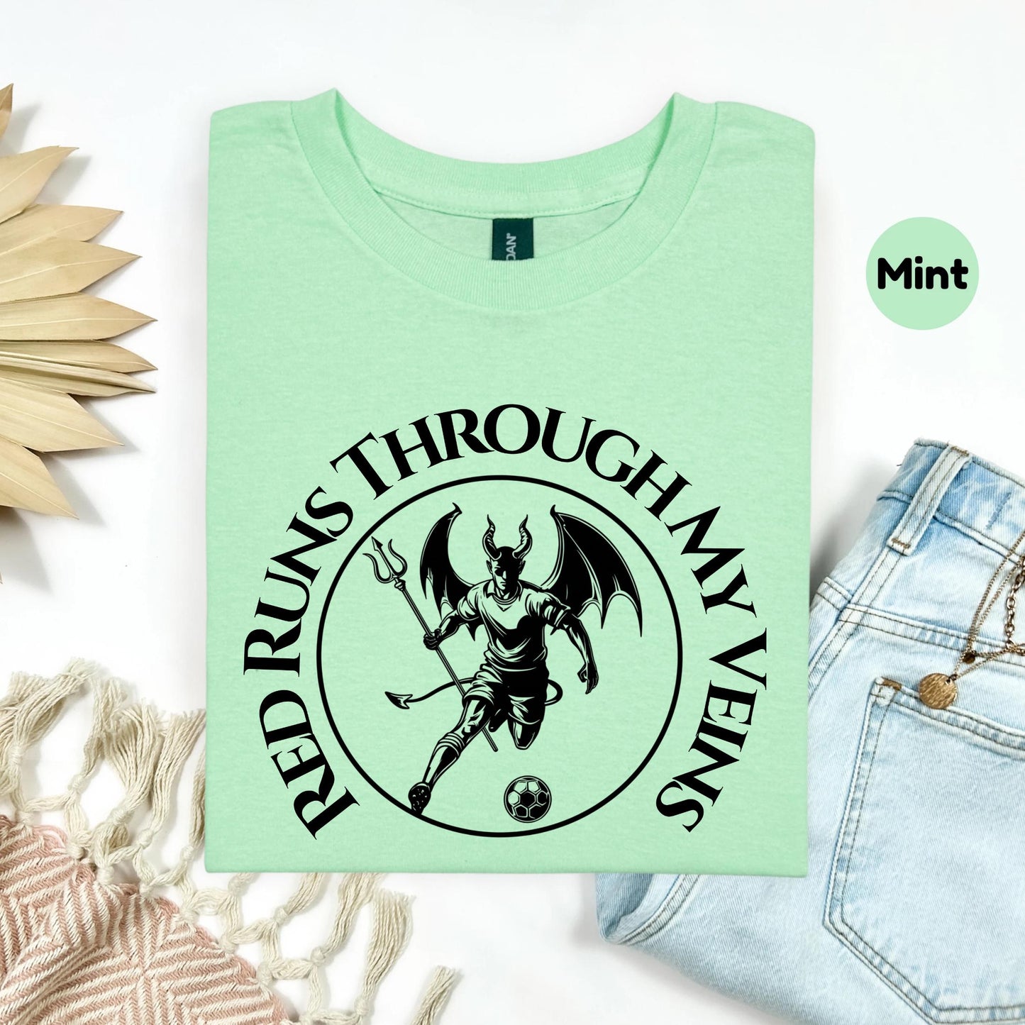 Gothic Devil Soccer Shirt, Red Runs Through My Veins Football Graphic Tee, Streetwear Fan T-Shirt for Men and Women AA27