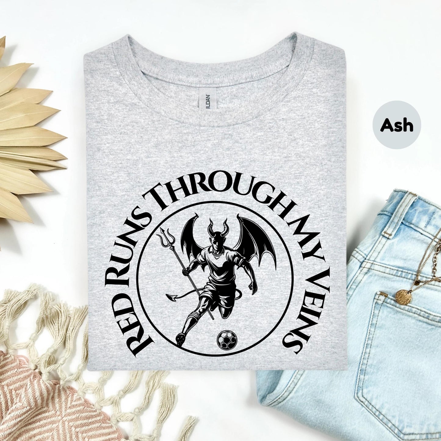 Gothic Devil Soccer Shirt, Red Runs Through My Veins Football Graphic Tee, Streetwear Fan T-Shirt for Men and Women AA27
