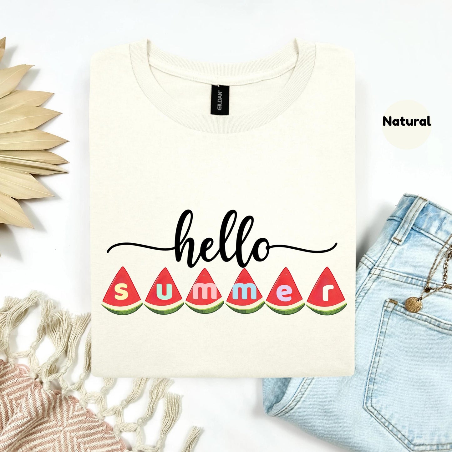 Teacher Hello Summer Shirt with Watermelon Letters, Cute Seasonal Graphic Tee, Funny Fruit Outfit for Women AA26
