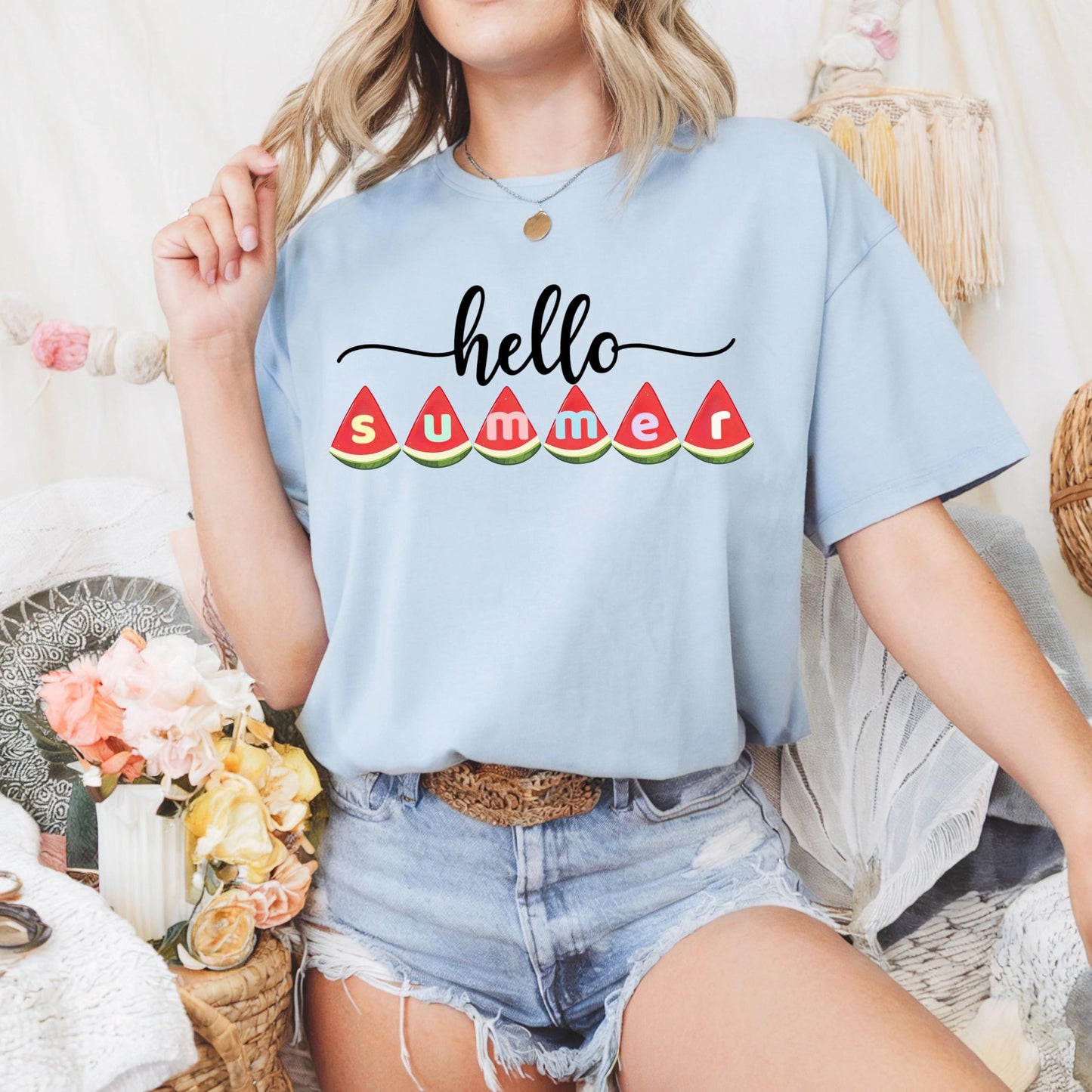 Teacher Hello Summer Shirt with Watermelon Letters, Cute Seasonal Graphic Tee, Funny Fruit Outfit for Women AA26