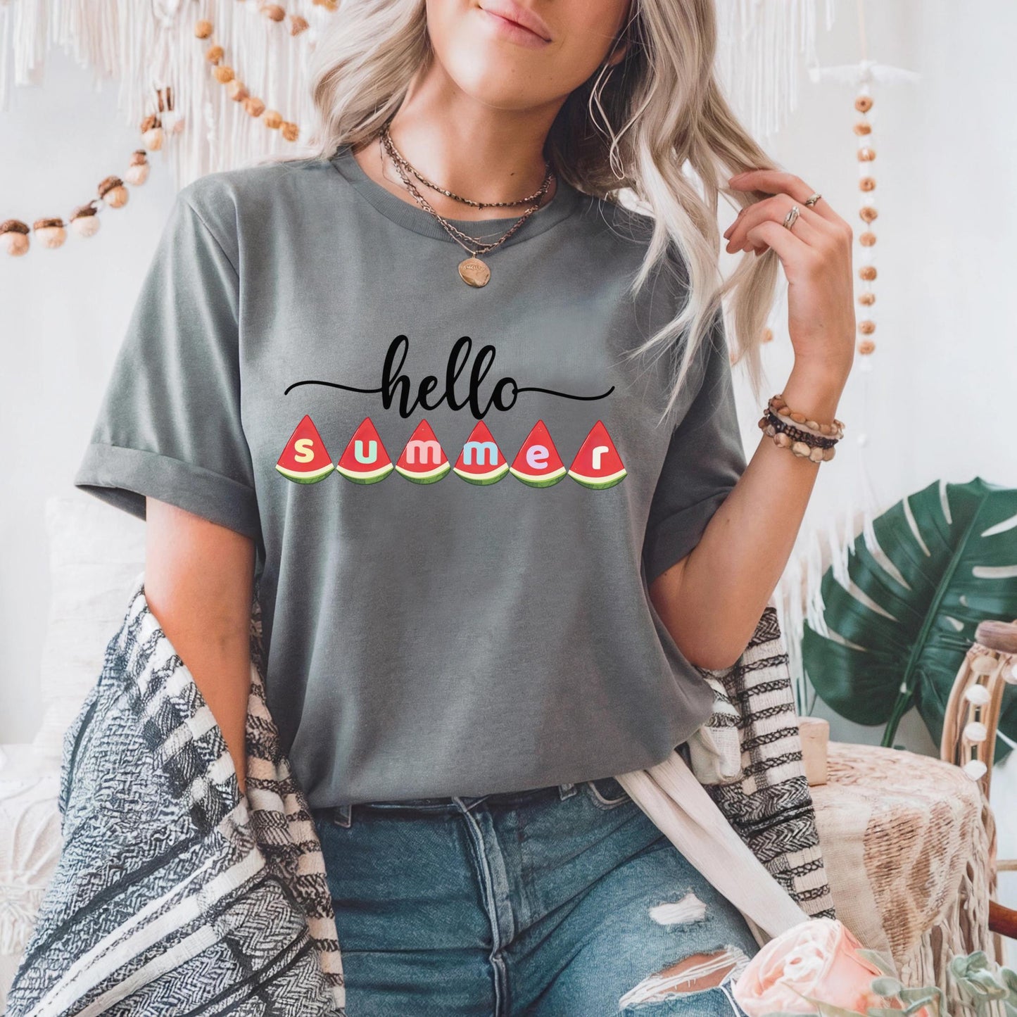 Teacher Hello Summer Shirt with Watermelon Letters, Cute Seasonal Graphic Tee, Funny Fruit Outfit for Women AA26